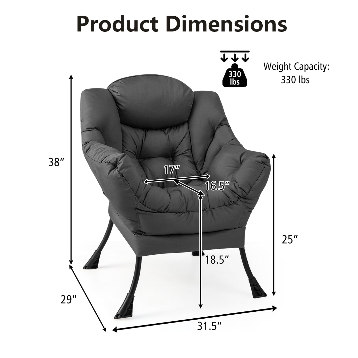 Cozy Accent Lazy Chair with Steel Frame and Armrest Pocket, Grey
