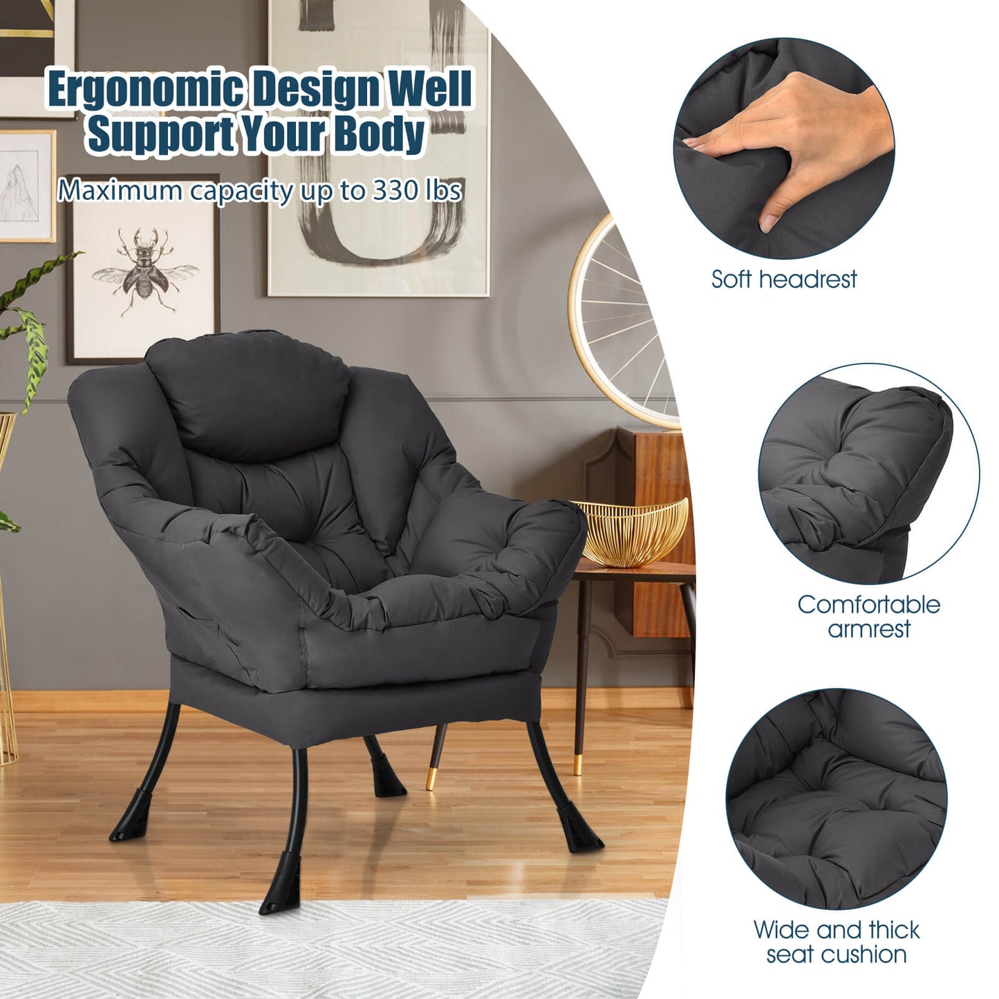 Cozy Accent Lazy Chair with Steel Frame and Armrest Pocket, Grey