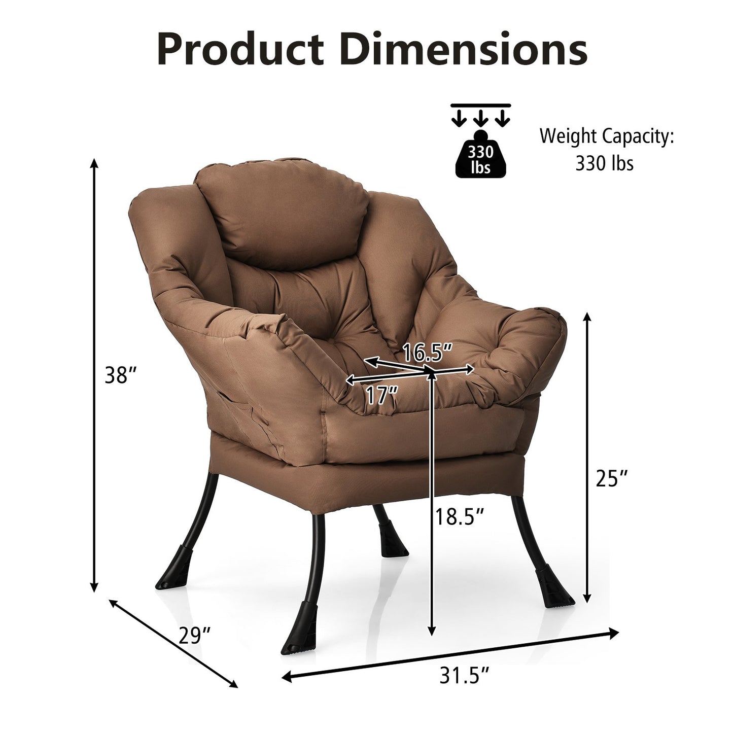 Cozy Accent Lazy Chair with Steel Frame and Armrest Pocket, Brown