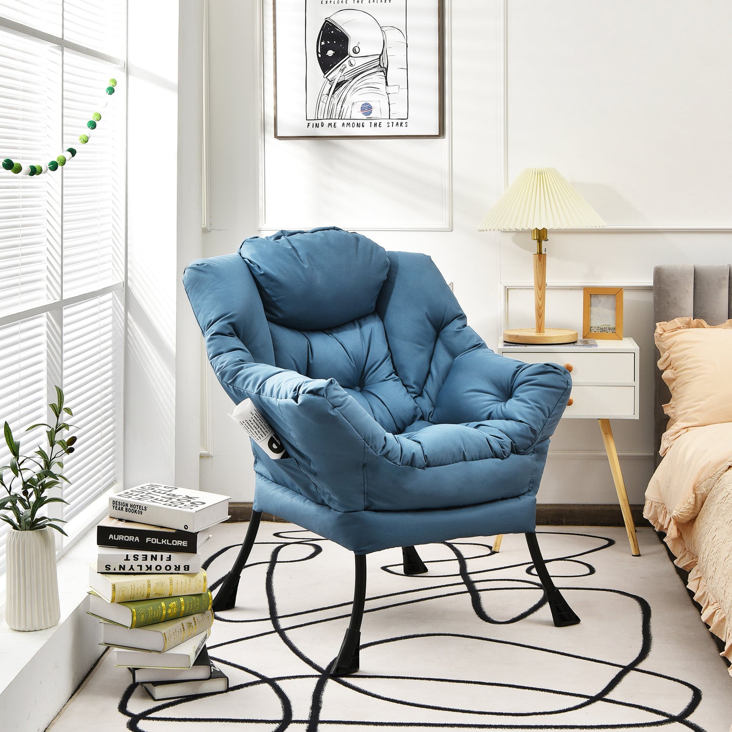 Cozy Accent Lazy Chair with Steel Frame and Armrest Pocket, Navy