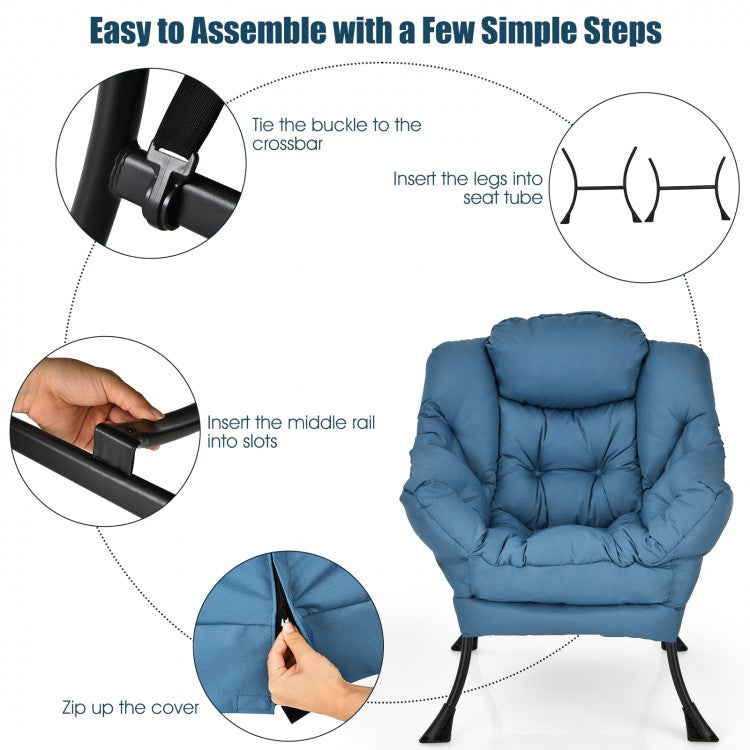 Cozy Accent Lazy Chair with Steel Frame and Armrest Pocket, Navy