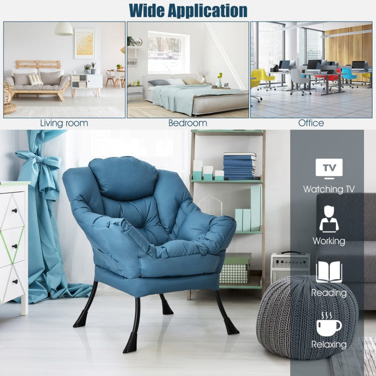 Cozy Accent Lazy Chair with Steel Frame and Armrest Pocket, Navy