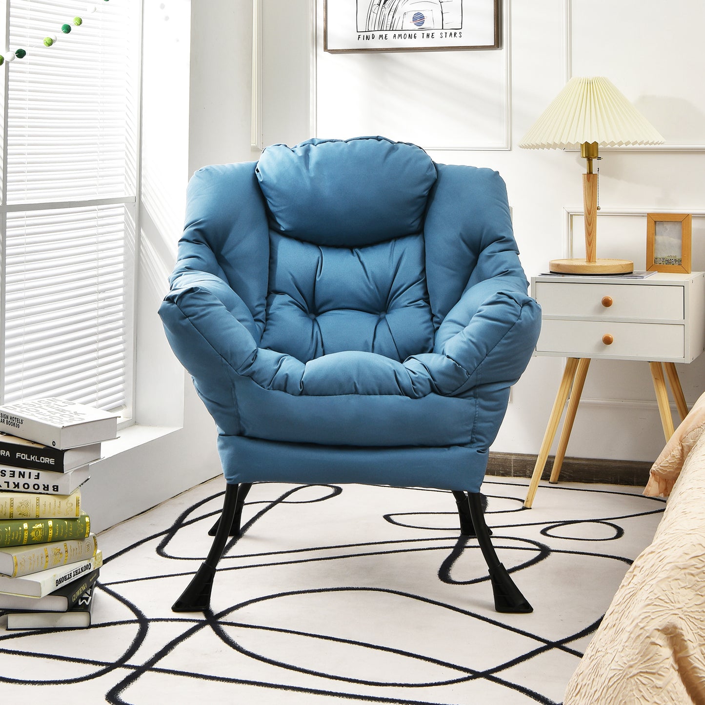 Cozy Accent Lazy Chair with Steel Frame and Armrest Pocket, Navy