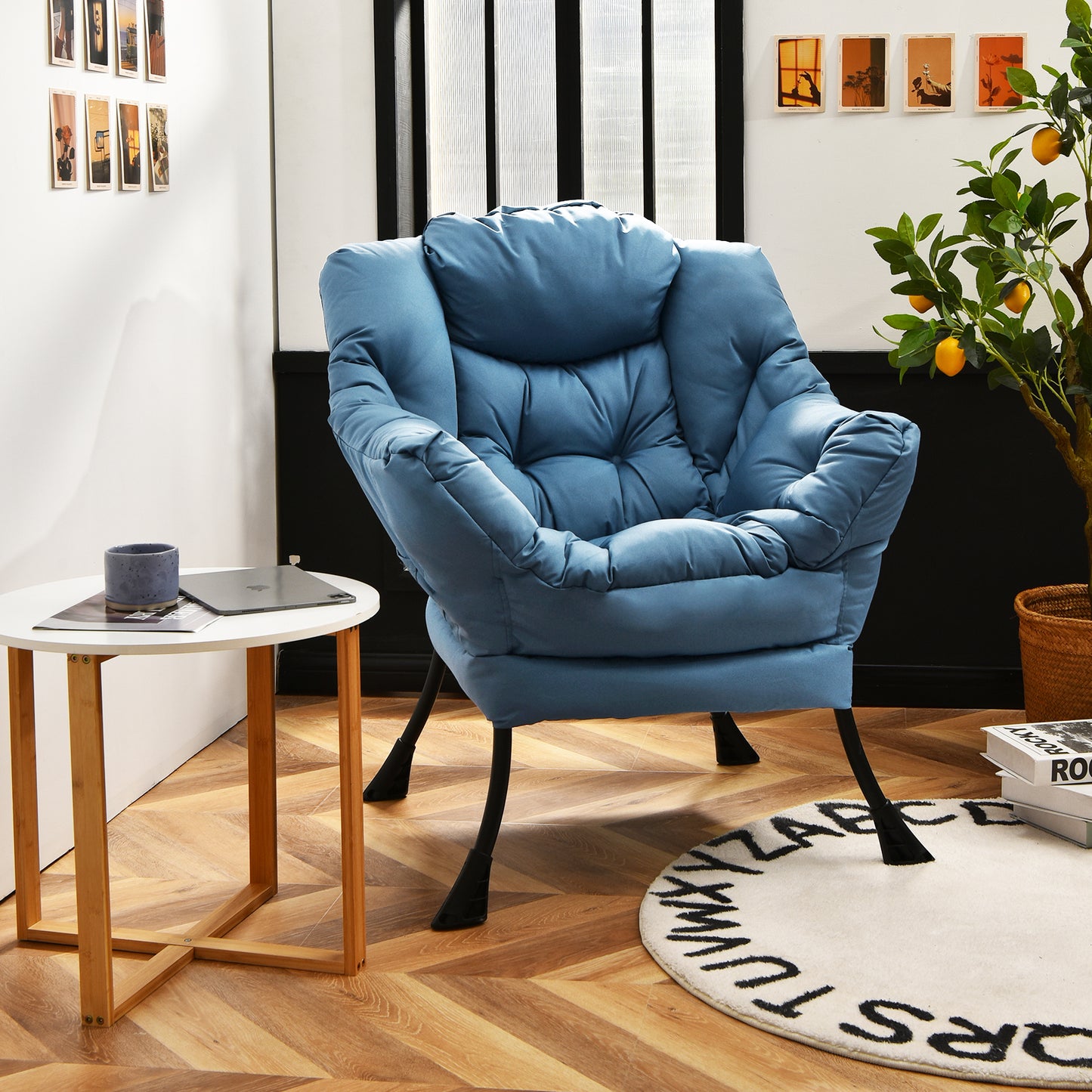 Cozy Accent Lazy Chair with Steel Frame and Armrest Pocket, Navy