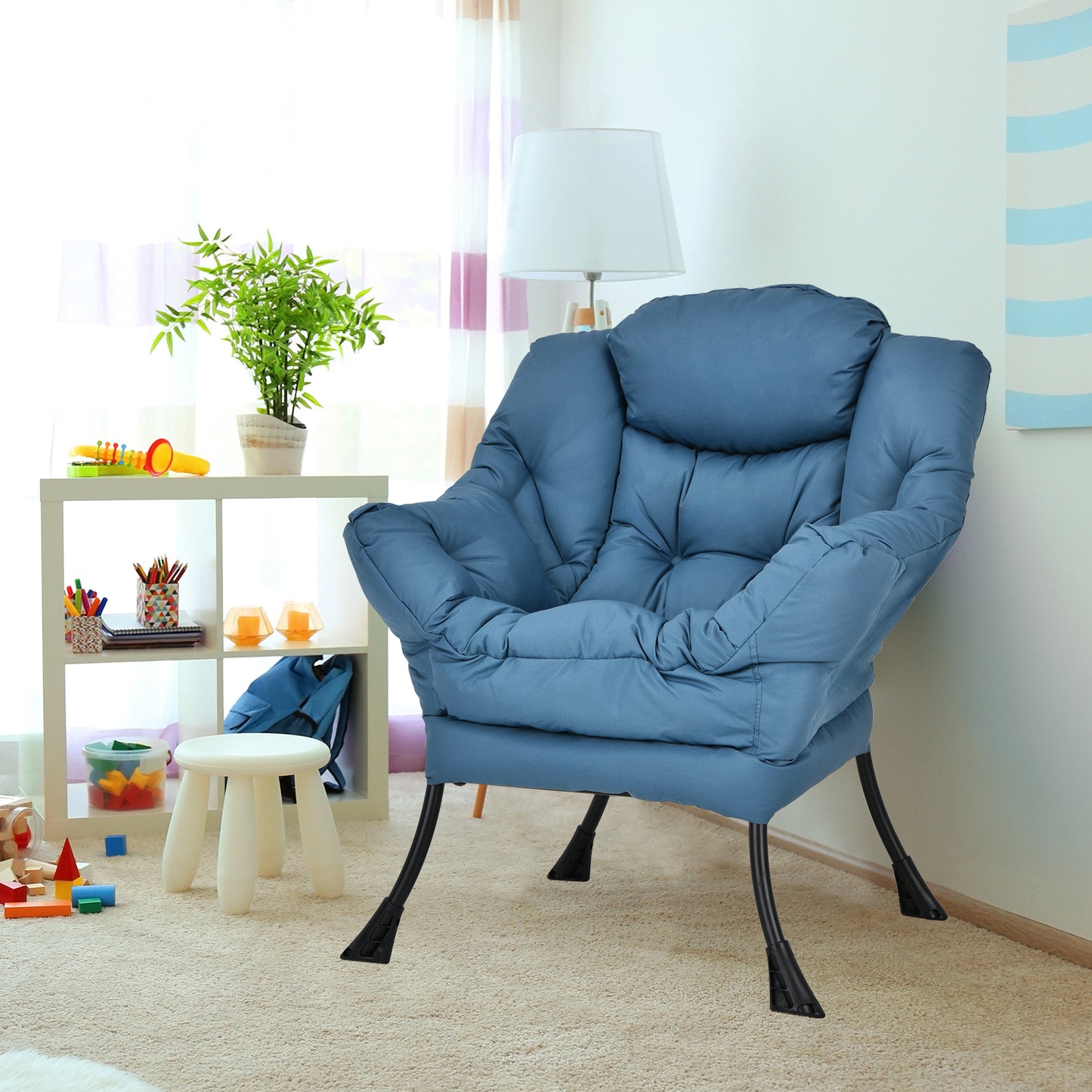 Cozy Accent Lazy Chair with Steel Frame and Armrest Pocket, Navy