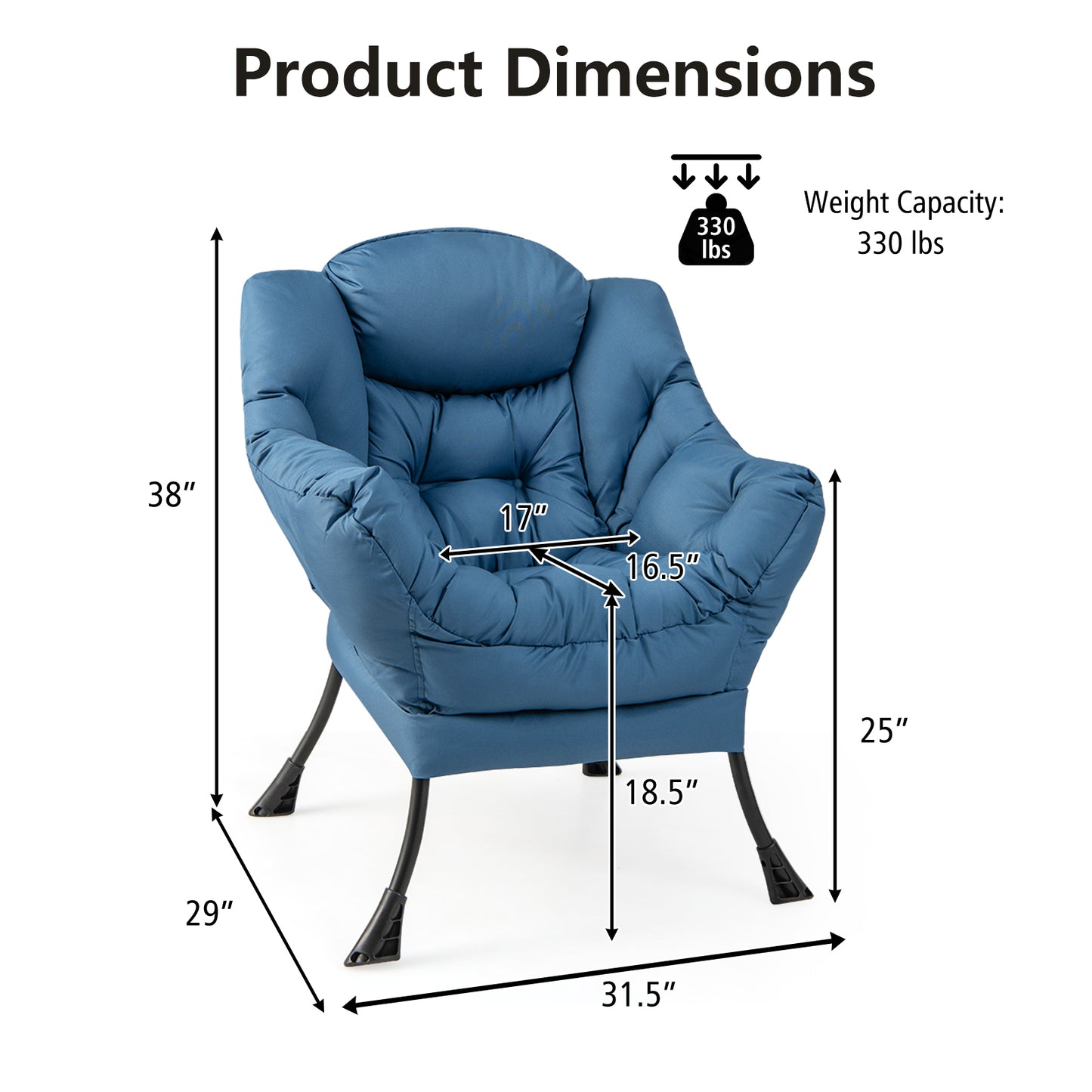 Cozy Accent Lazy Chair with Steel Frame and Armrest Pocket, Navy