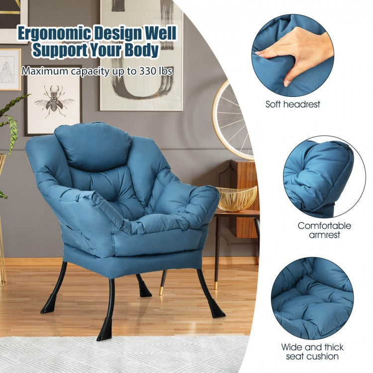 Cozy Accent Lazy Chair with Steel Frame and Armrest Pocket, Navy