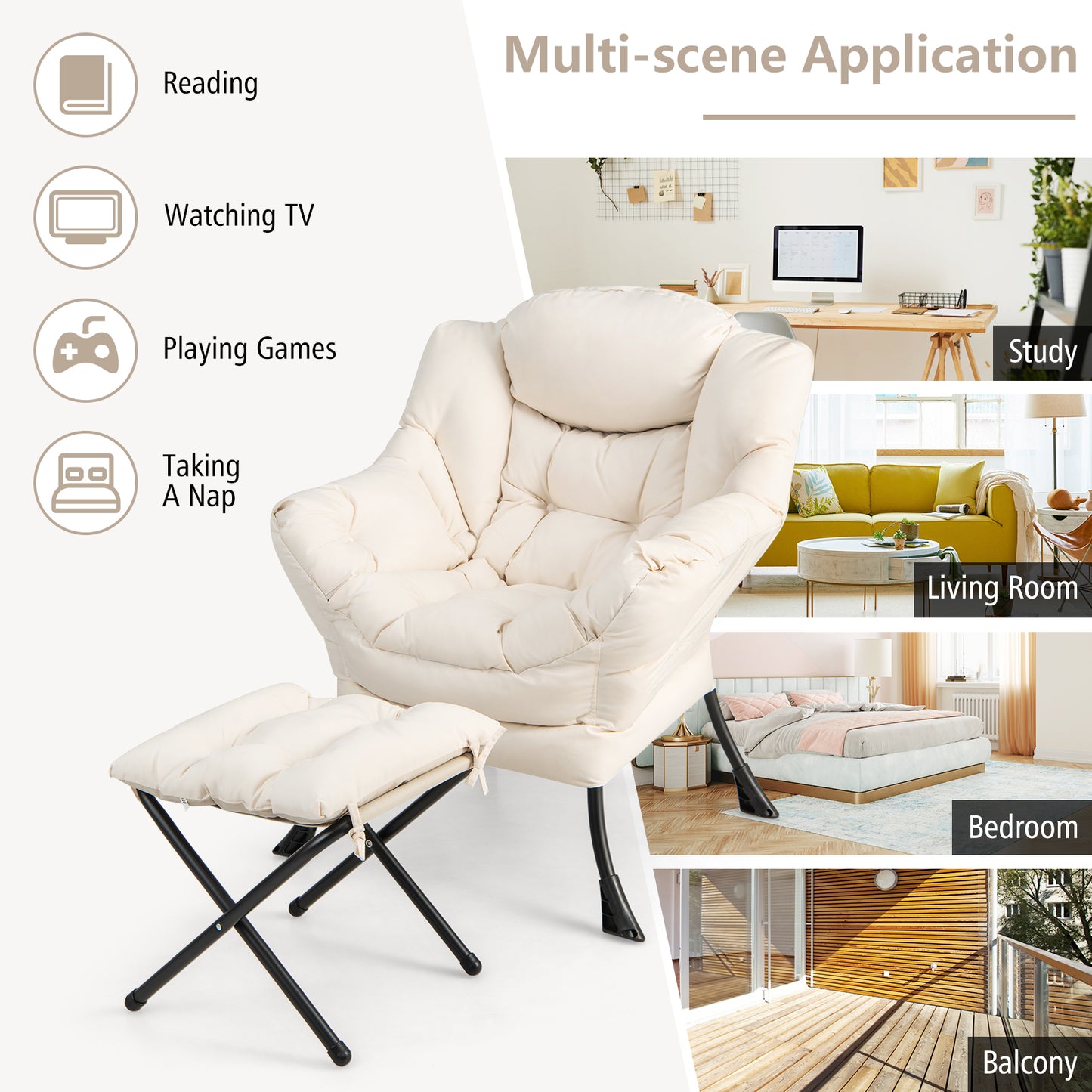 Comfortable Sofa Chair with Footrest and Convenient Side Pocket - Beige