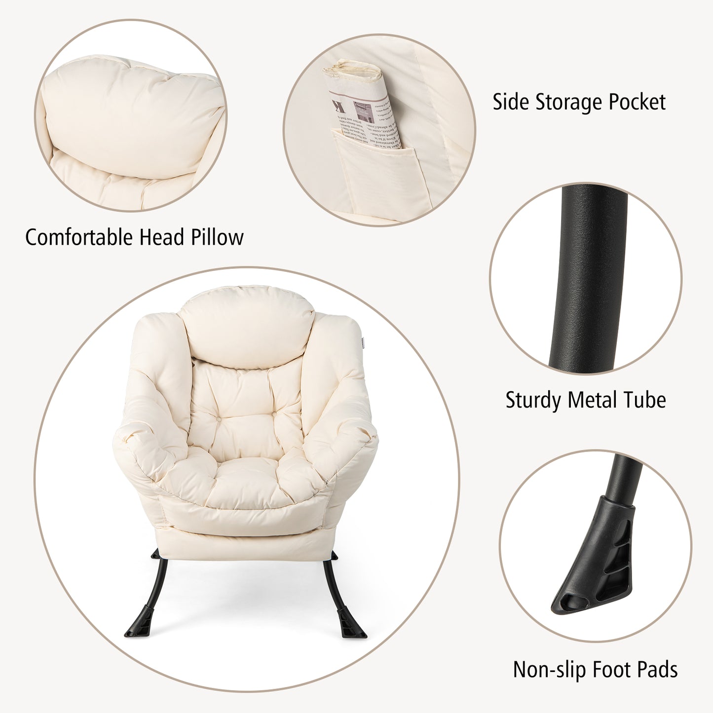 Comfortable Sofa Chair with Footrest and Convenient Side Pocket - Beige
