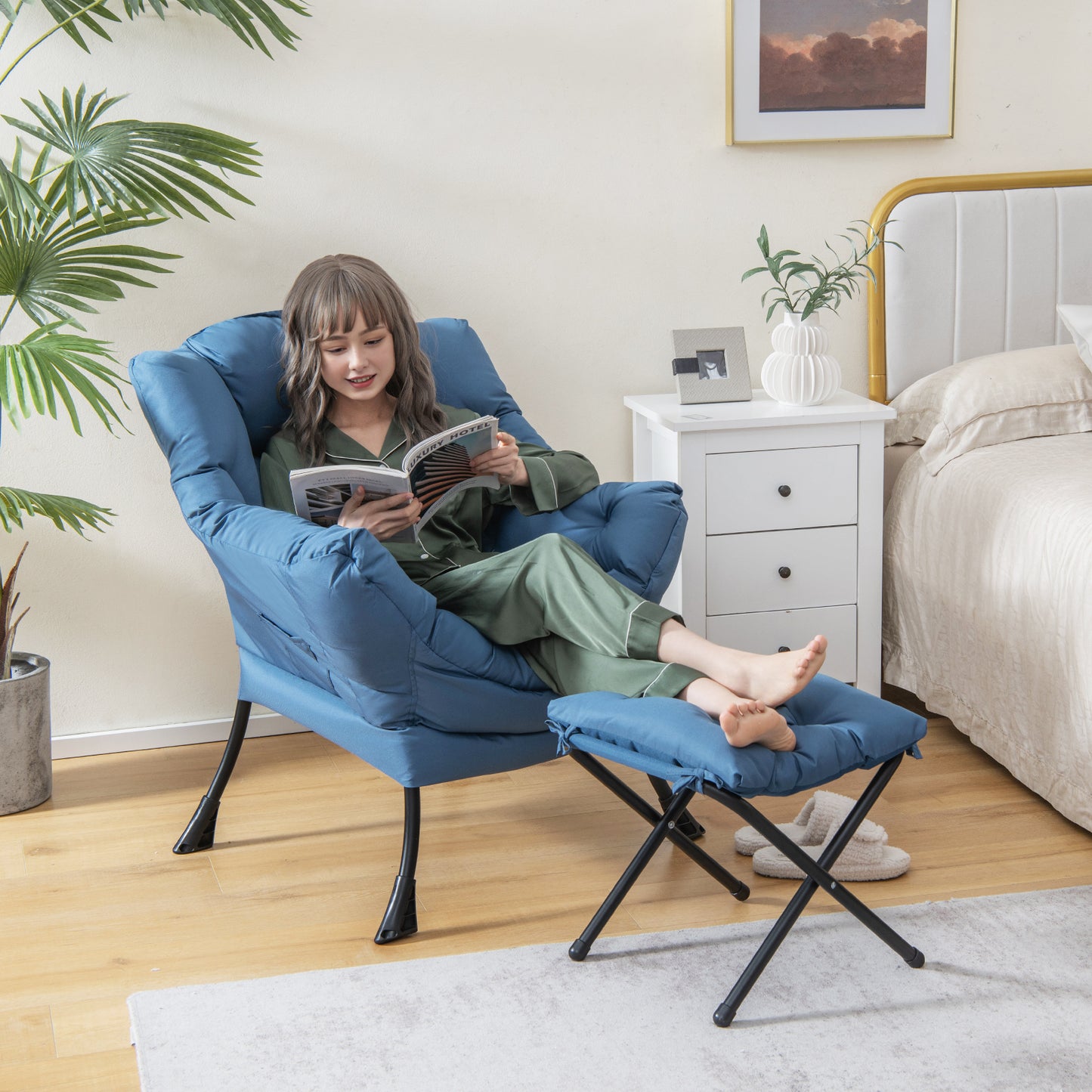 Comfortable Sofa Chair with Footrest and Convenient Side Pocket - Navy