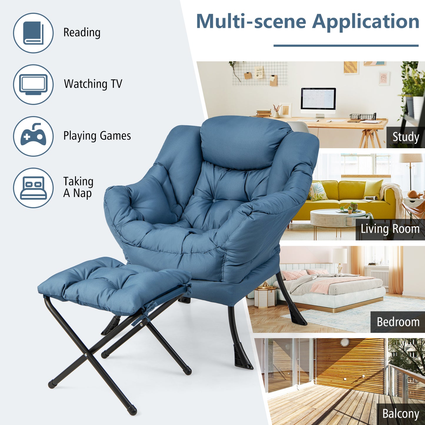 Comfortable Sofa Chair with Footrest and Convenient Side Pocket - Navy