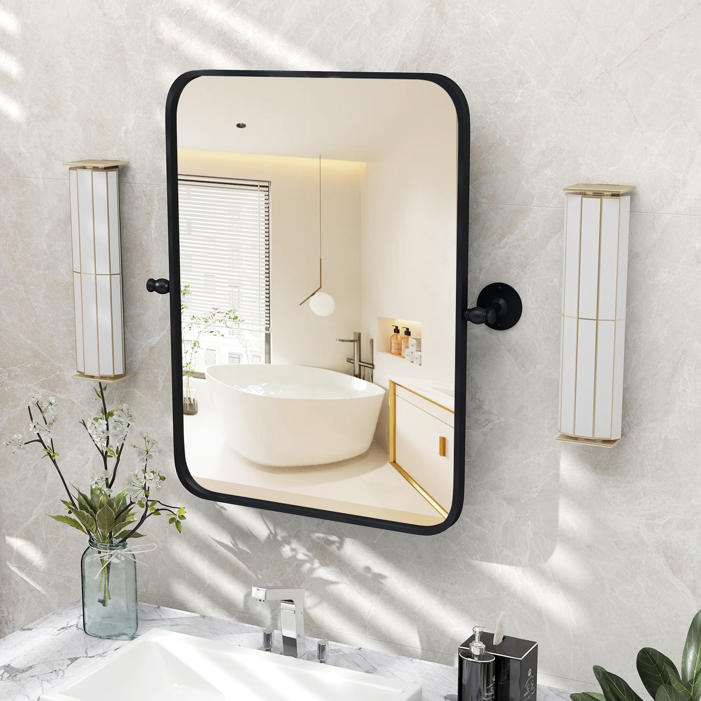30 x 22 Inch Black Metal Pivot Wall Mirror with Shatterproof Glass