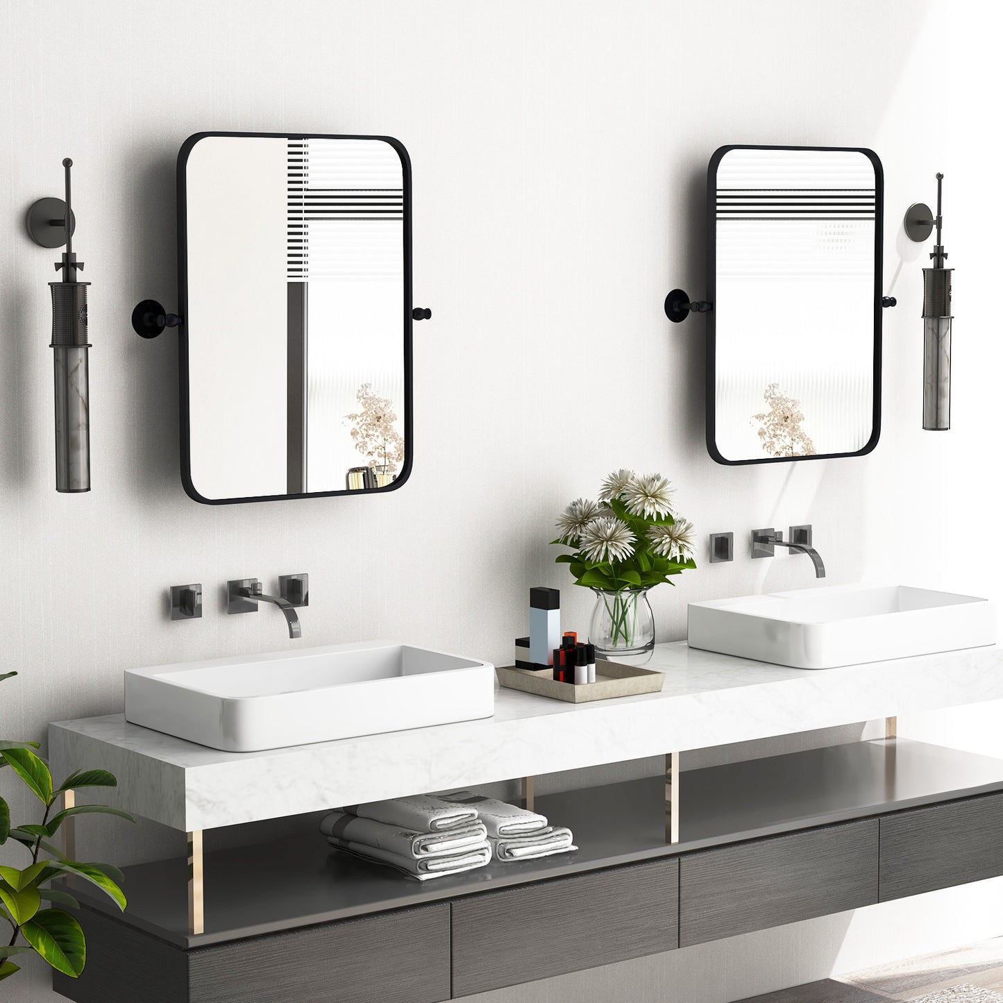30 x 22 Inch Black Metal Pivot Wall Mirror with Shatterproof Glass