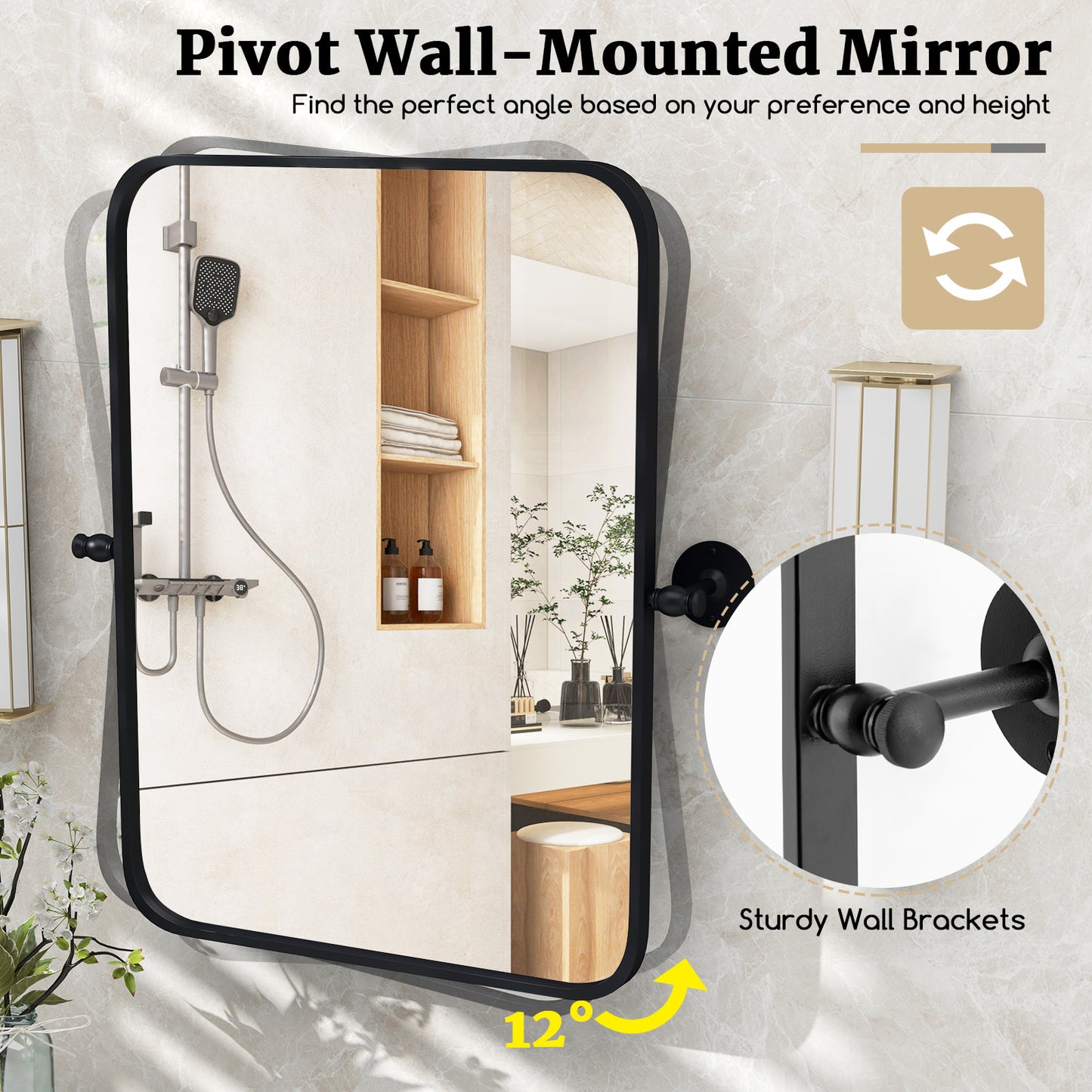 30 x 22 Inch Black Metal Pivot Wall Mirror with Shatterproof Glass