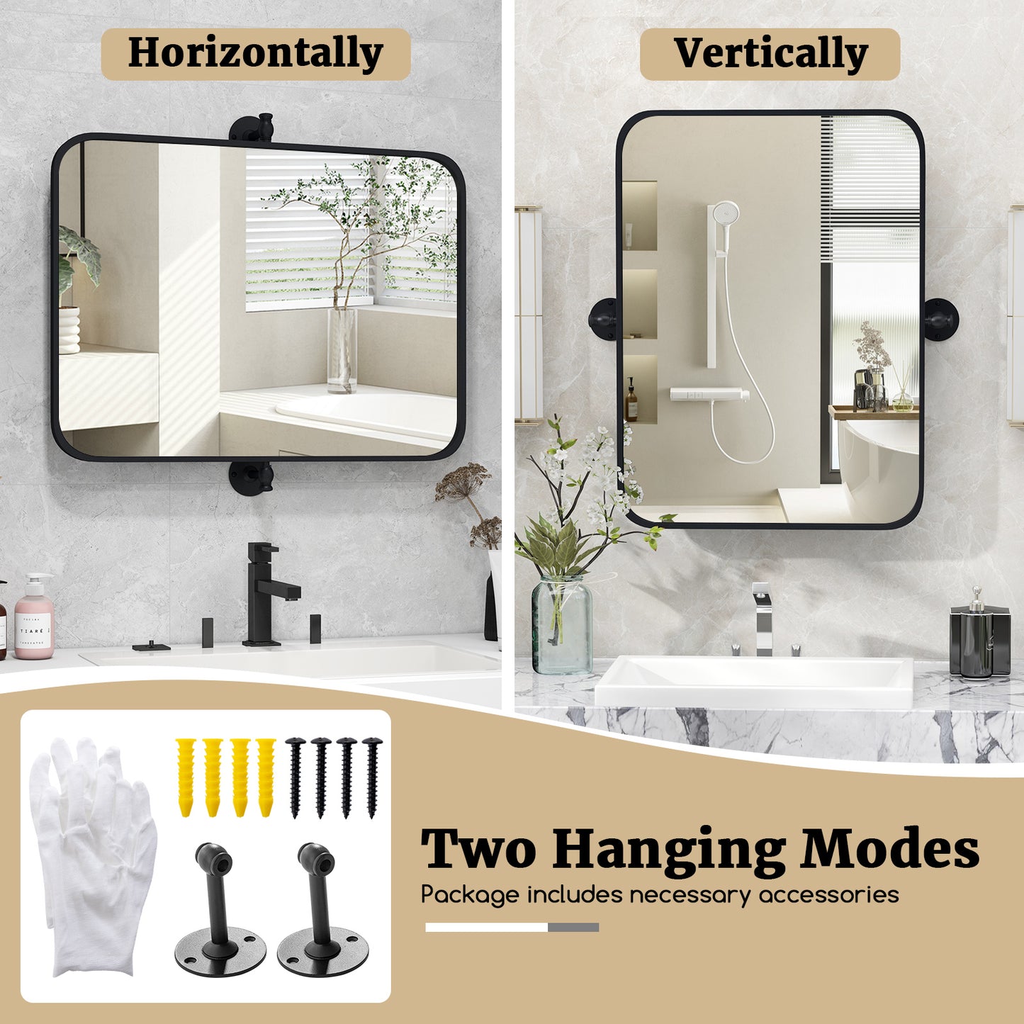 30 x 22 Inch Black Metal Pivot Wall Mirror with Shatterproof Glass