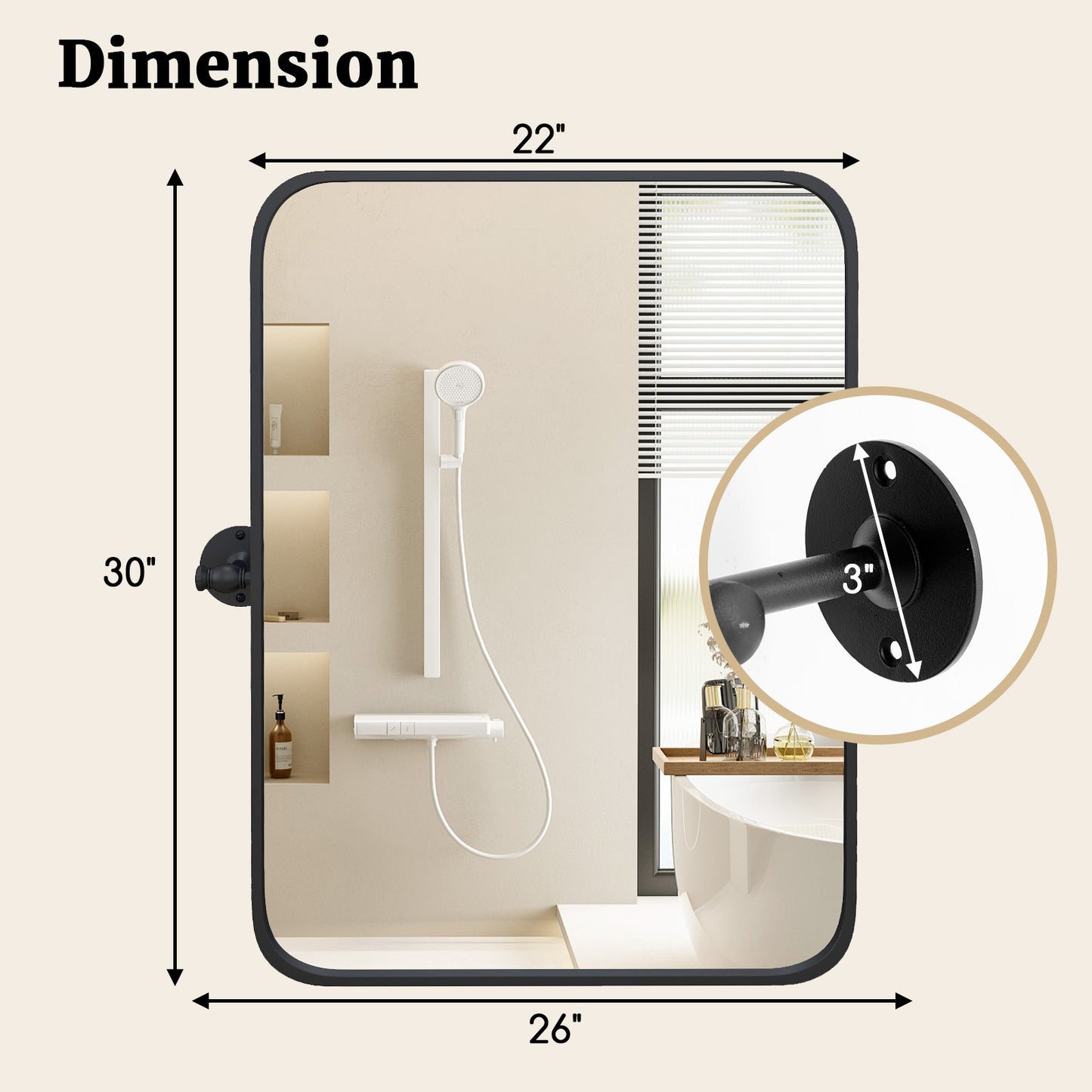 30 x 22 Inch Black Metal Pivot Wall Mirror with Shatterproof Glass