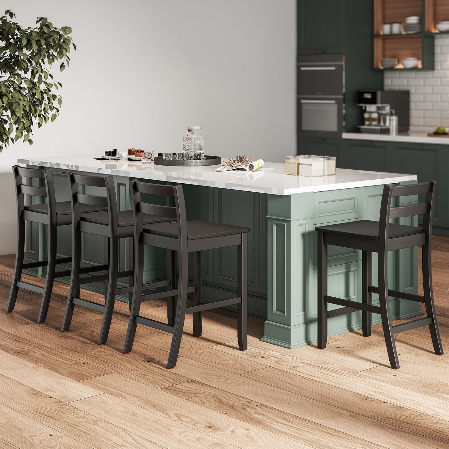 Set of 2 Wooden Bar Stools with Curved Backrest and Footrest in Black Finish