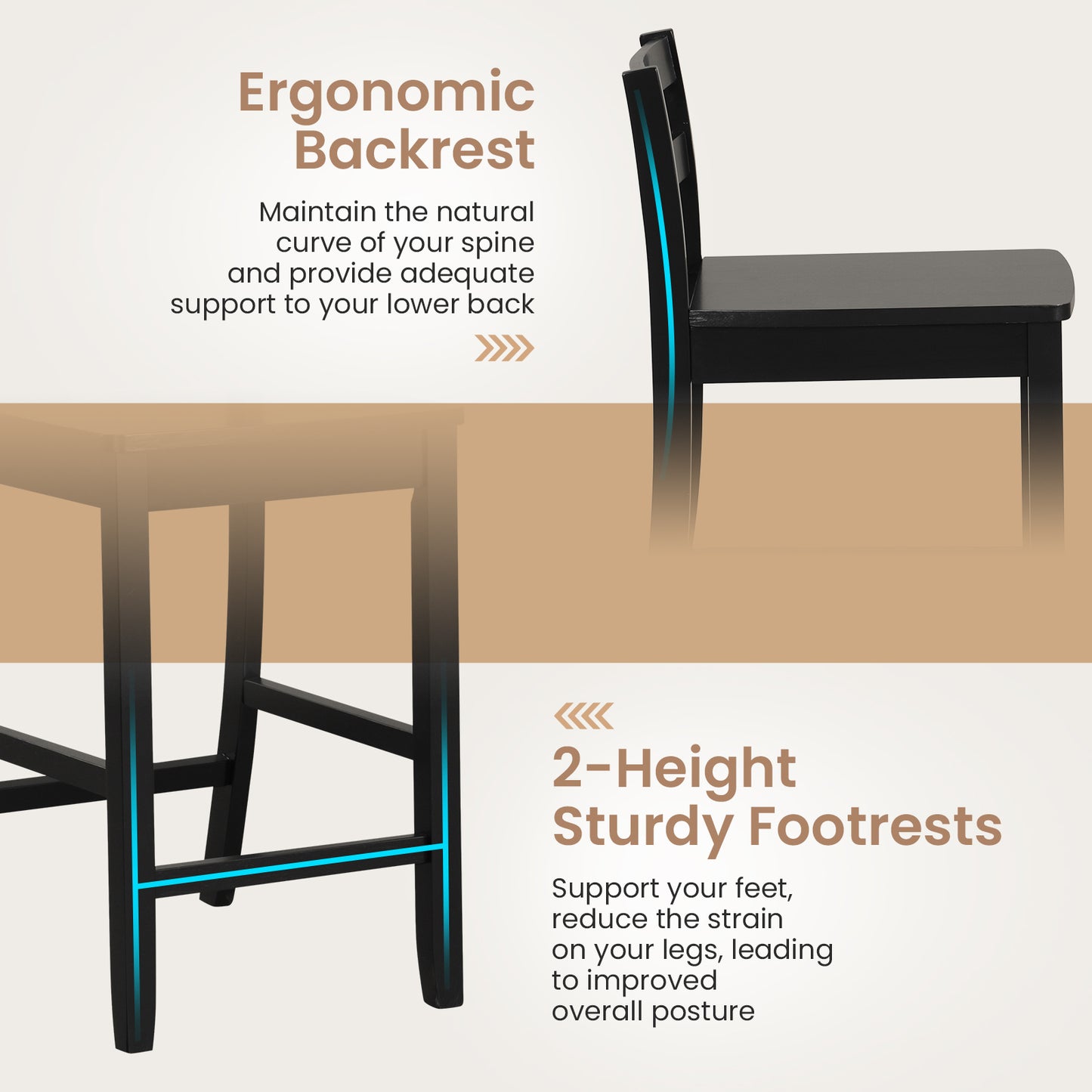 Set of 2 Wooden Bar Stools with Curved Backrest and Footrest in Black Finish