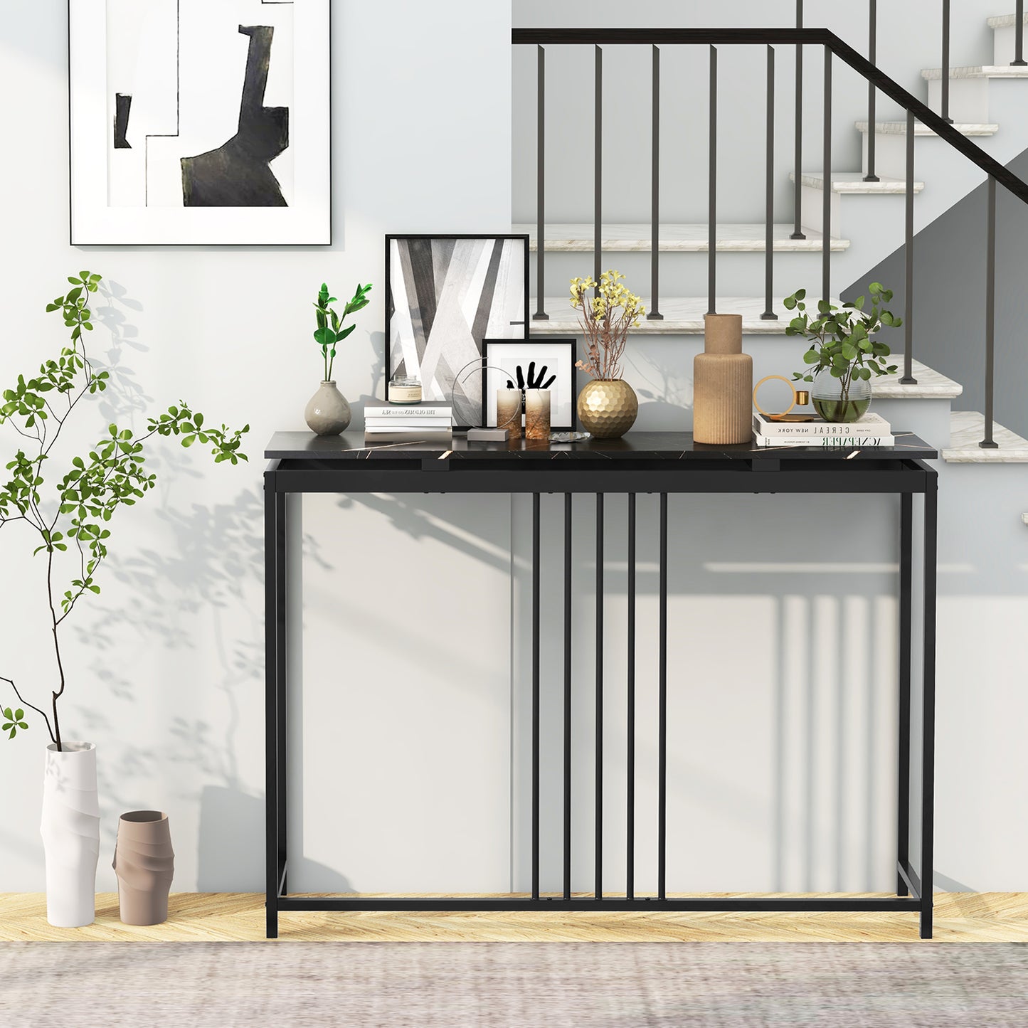 Slim 47 Inch Console Table with Faux Marble Top and Sturdy Powder Coated Steel Frame