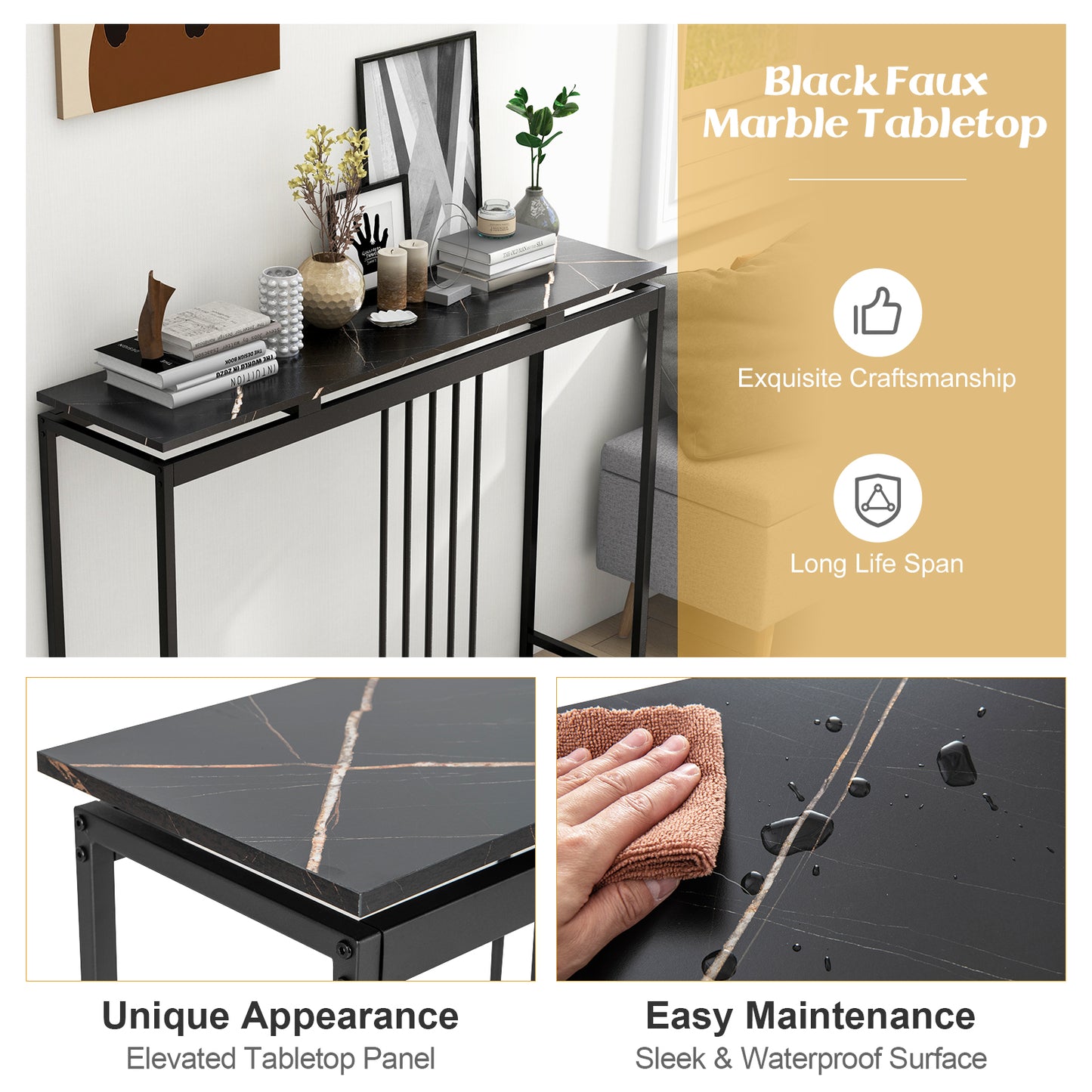 Slim 47 Inch Console Table with Faux Marble Top and Sturdy Powder Coated Steel Frame