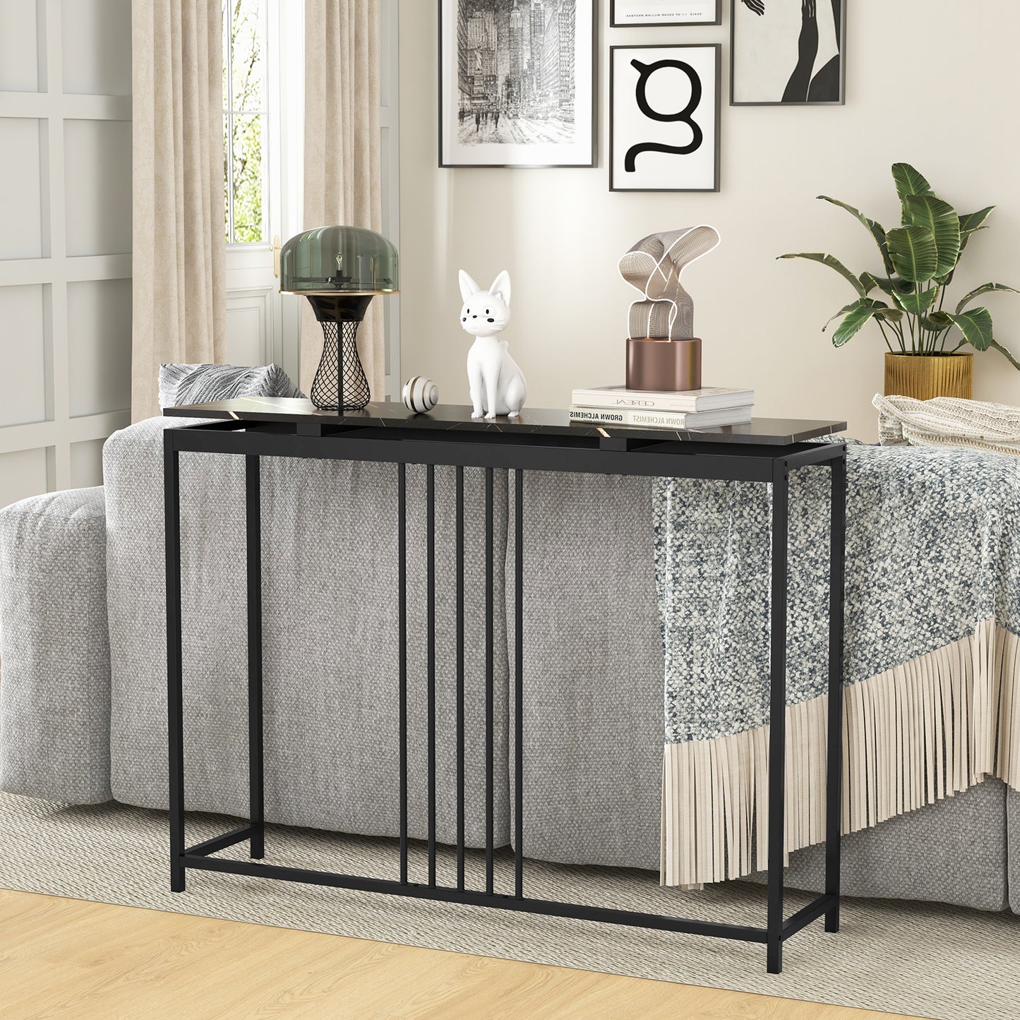 Slim 47 Inch Console Table with Faux Marble Top and Sturdy Powder Coated Steel Frame