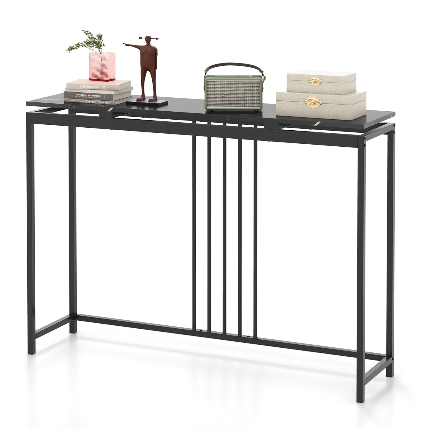 Slim 47 Inch Console Table with Faux Marble Top and Sturdy Powder Coated Steel Frame