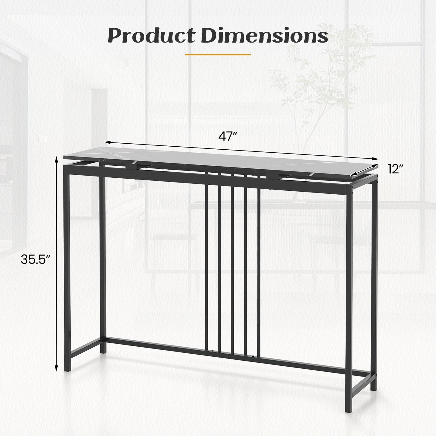 Slim 47 Inch Console Table with Faux Marble Top and Sturdy Powder Coated Steel Frame