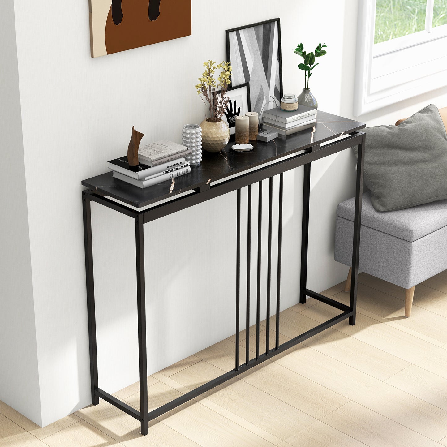 Slim 47 Inch Console Table with Faux Marble Top and Sturdy Powder Coated Steel Frame