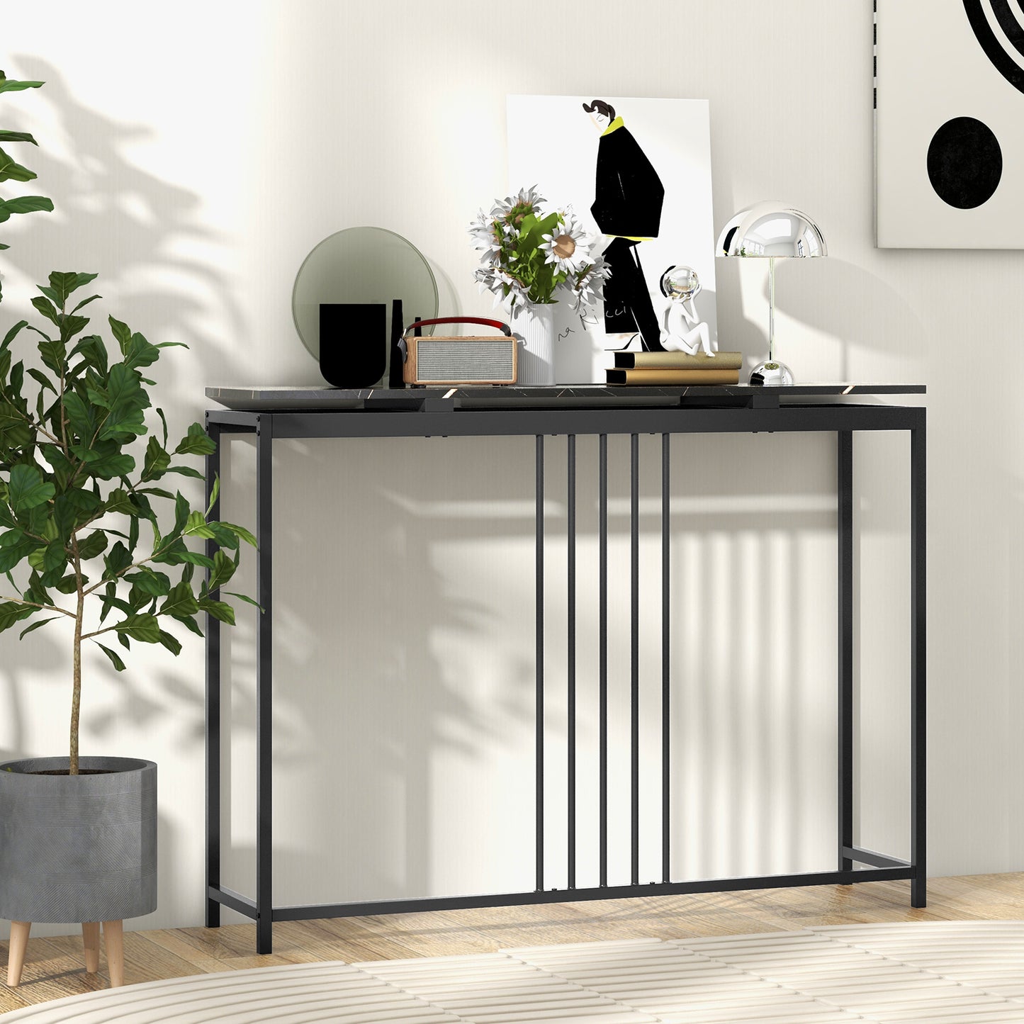Slim 47 Inch Console Table with Faux Marble Top and Sturdy Powder Coated Steel Frame