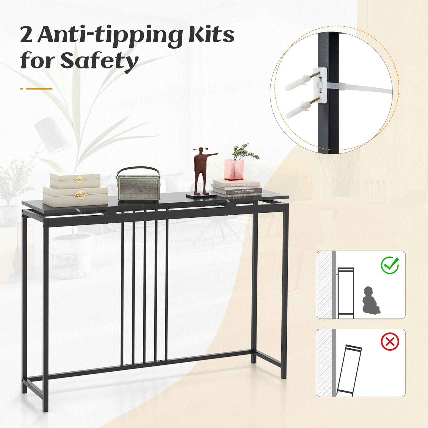 Slim 47 Inch Console Table with Faux Marble Top and Sturdy Powder Coated Steel Frame