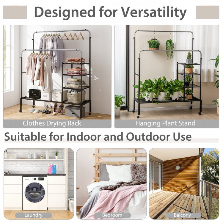 Rolling Double Rod Garment Rack with Adjustable Height, Shelves & Silver Finish - Portable Clothing Organizer