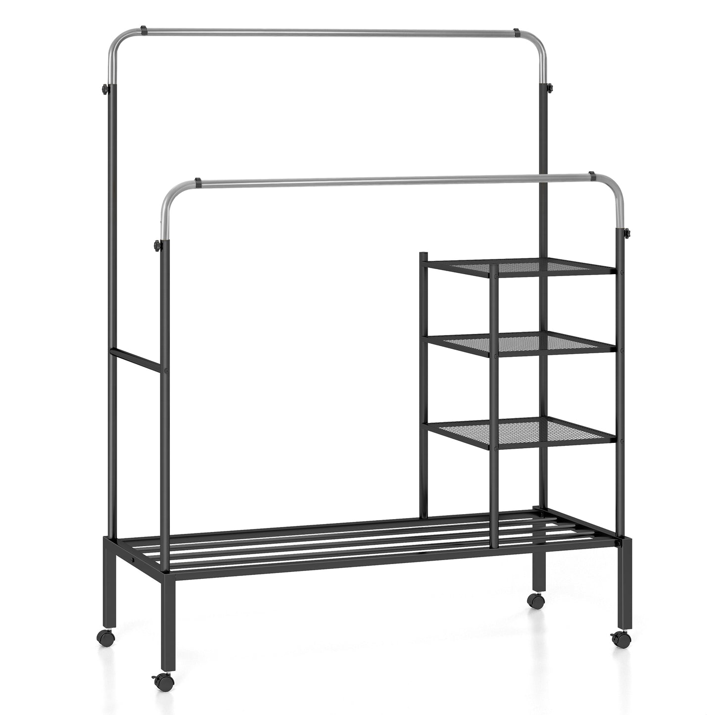 Rolling Double Rod Garment Rack with Adjustable Height, Shelves & Silver Finish - Portable Clothing Organizer