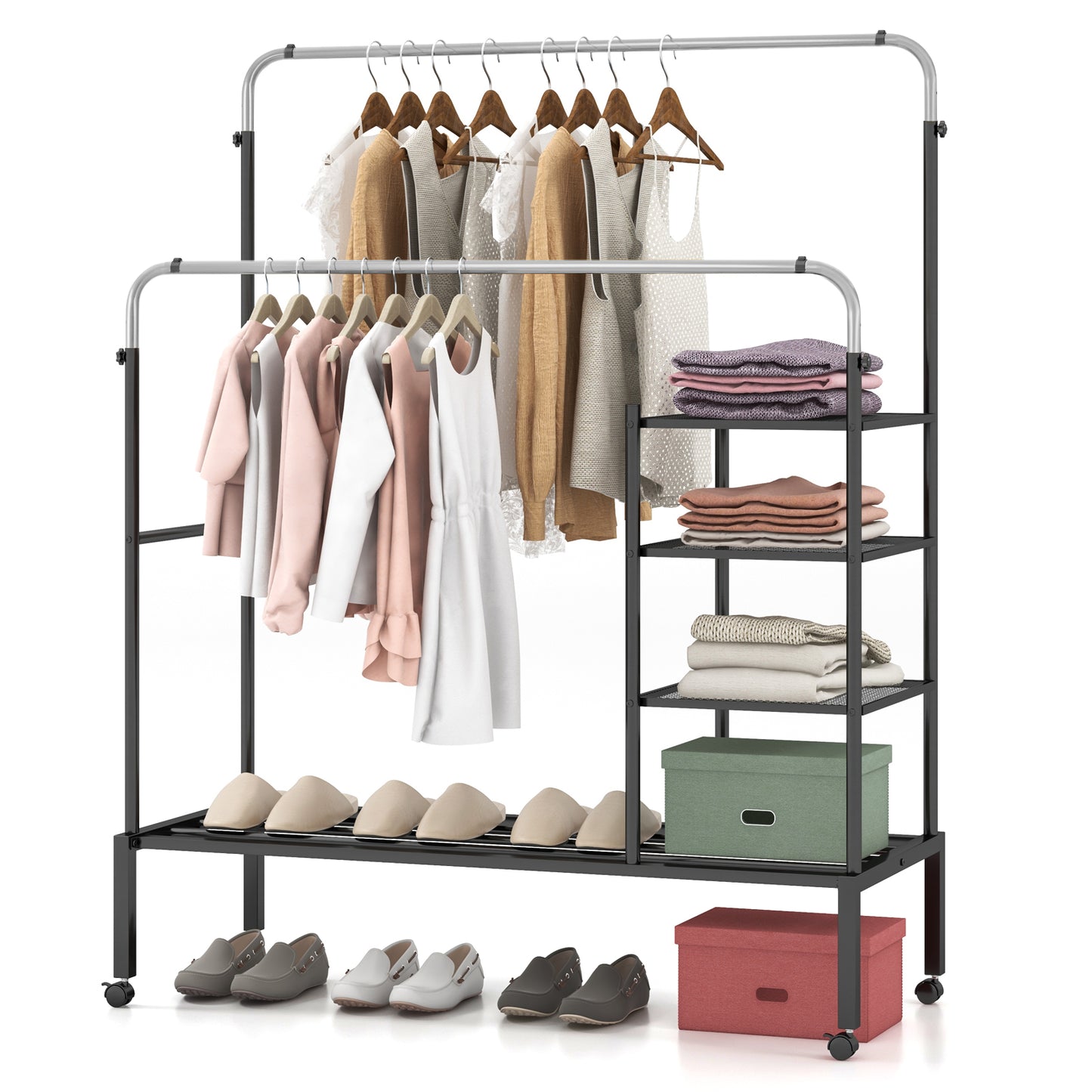 Rolling Double Rod Garment Rack with Adjustable Height, Shelves & Silver Finish - Portable Clothing Organizer