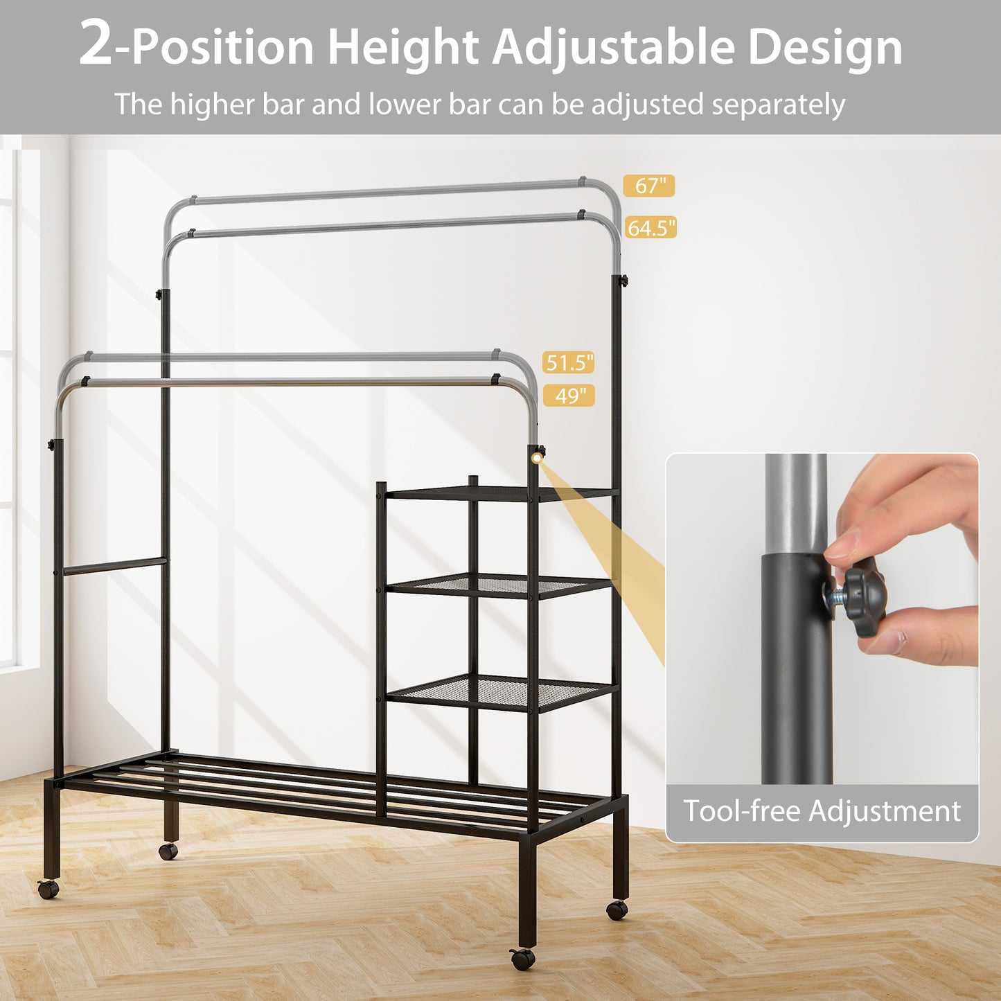 Rolling Double Rod Garment Rack with Adjustable Height, Shelves & Silver Finish - Portable Clothing Organizer
