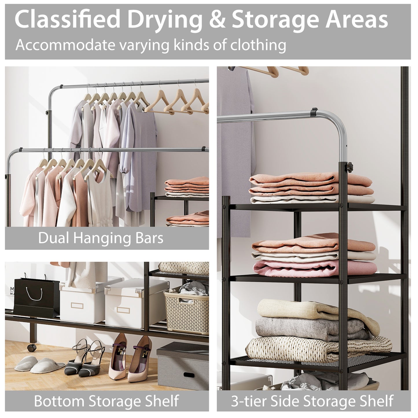 Rolling Double Rod Garment Rack with Adjustable Height, Shelves & Silver Finish - Portable Clothing Organizer