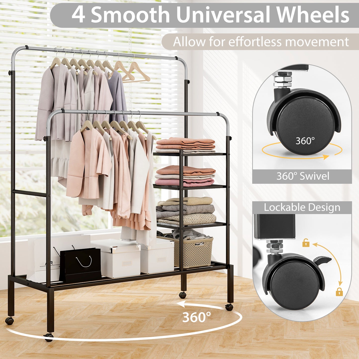 Rolling Double Rod Garment Rack with Adjustable Height, Shelves & Silver Finish - Portable Clothing Organizer