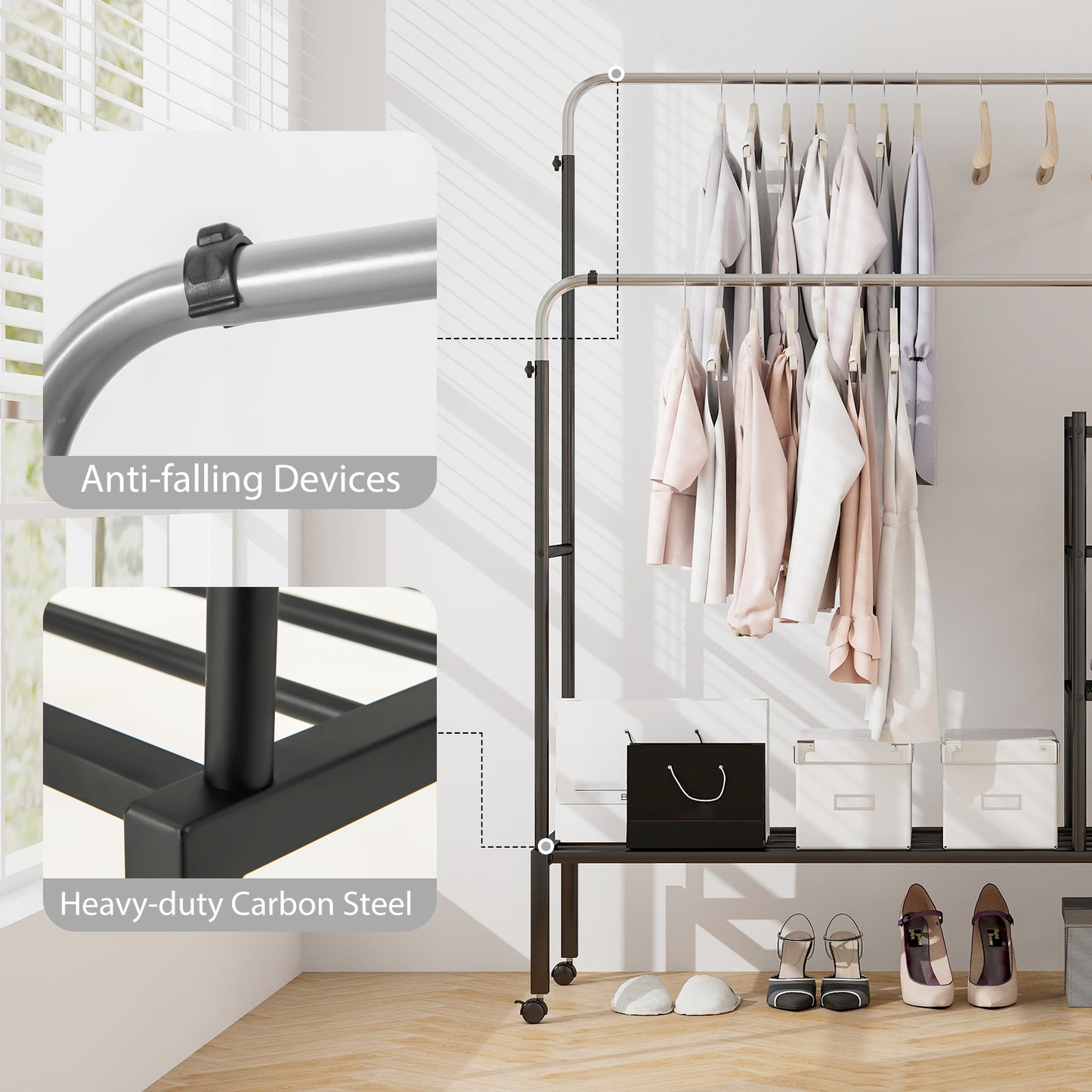 Rolling Double Rod Garment Rack with Adjustable Height, Shelves & Silver Finish - Portable Clothing Organizer