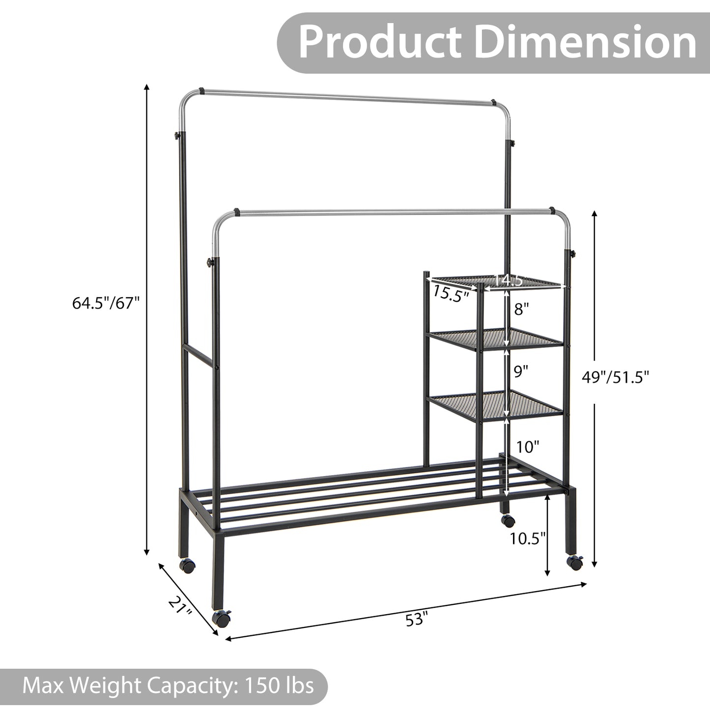 Rolling Double Rod Garment Rack with Adjustable Height, Shelves & Silver Finish - Portable Clothing Organizer