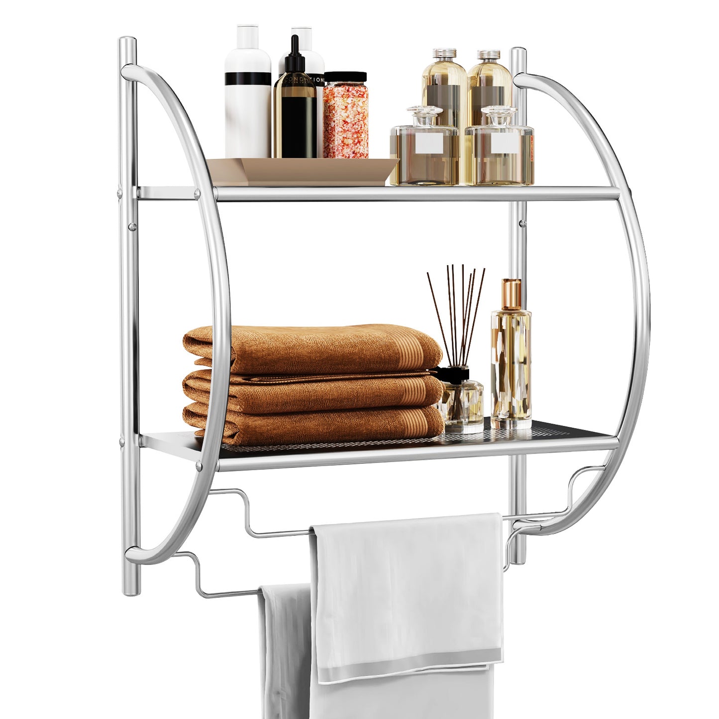Wall-Mounted 2 Tier Towel Rack with 2 Hanging Bars for Bathroom Storage