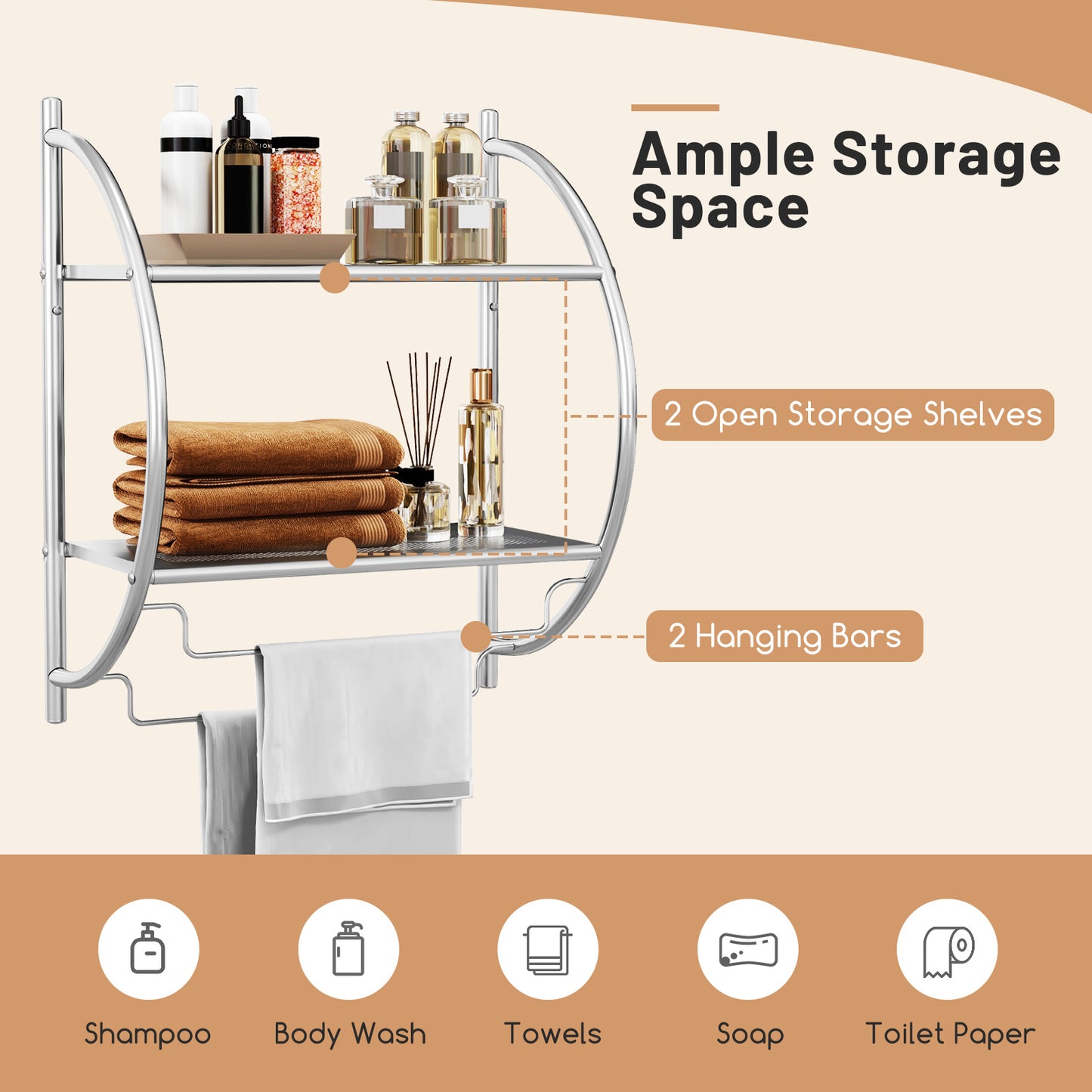 Wall-Mounted 2 Tier Towel Rack with 2 Hanging Bars for Bathroom Storage