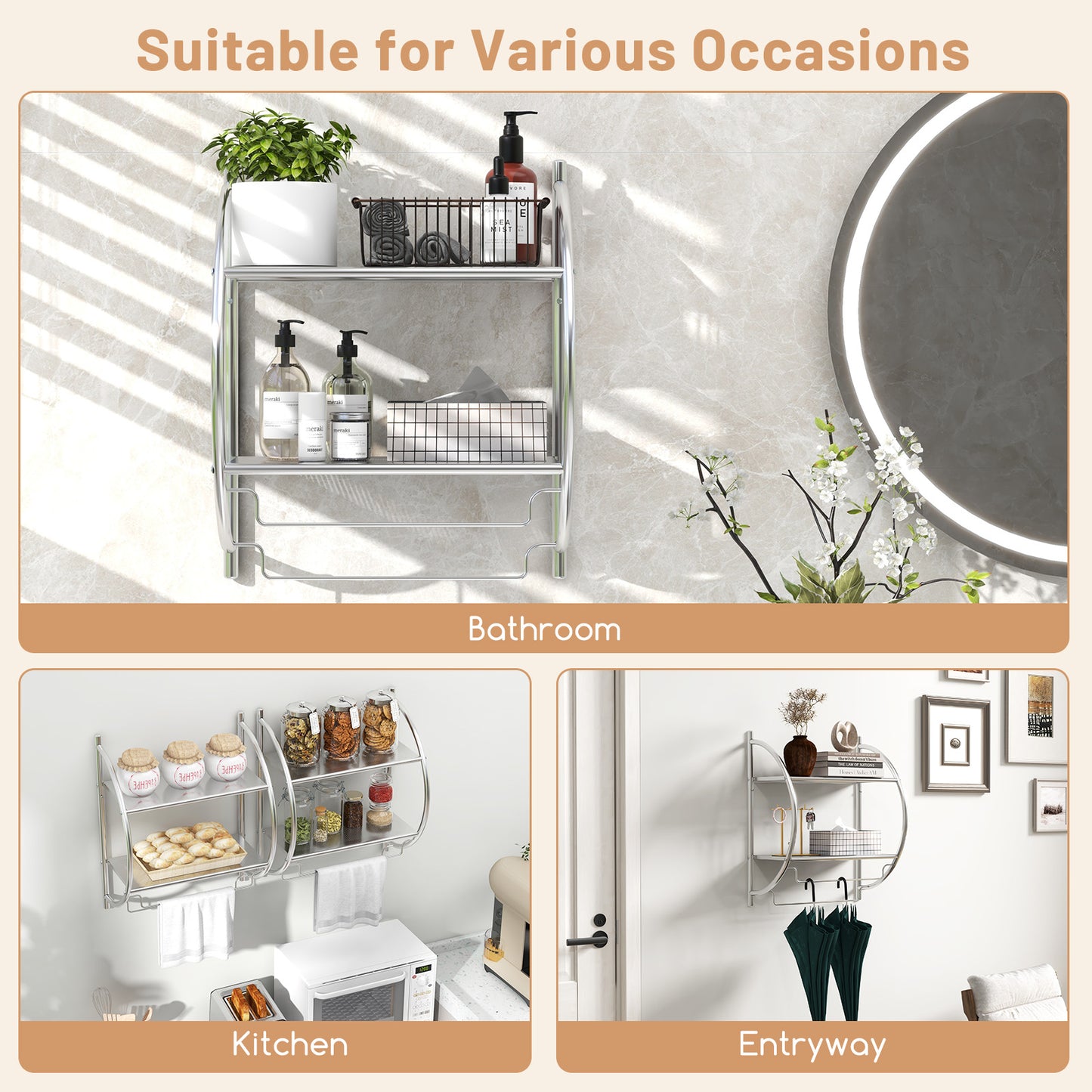 Wall-Mounted 2 Tier Towel Rack with 2 Hanging Bars for Bathroom Storage