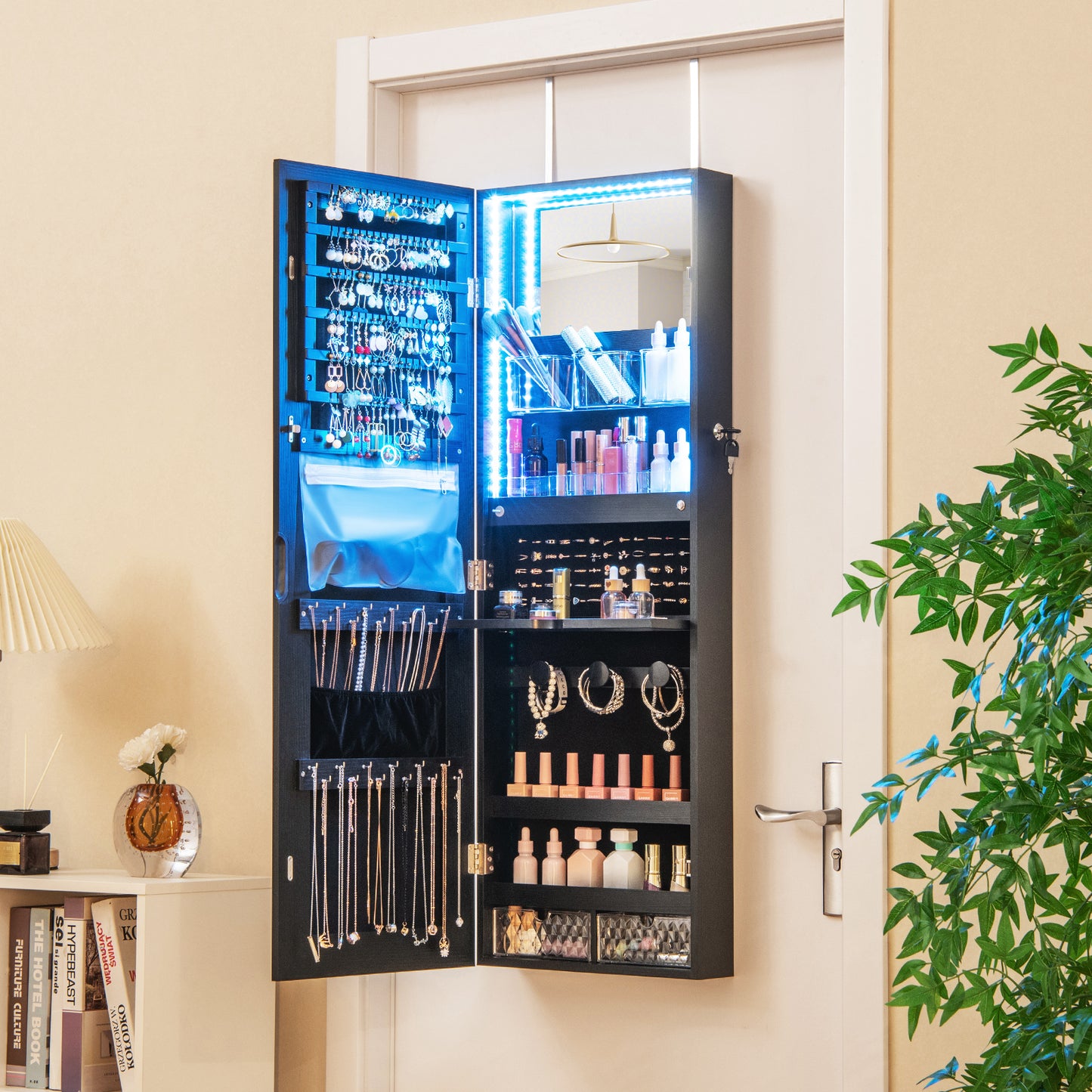 Wall Mounted Jewelry Armoire with Frameless Full-Length Mirror and Lockable Storage – Black