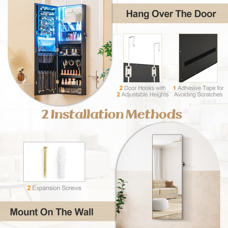 Wall Mounted Jewelry Armoire with Frameless Full-Length Mirror and Lockable Storage – Black