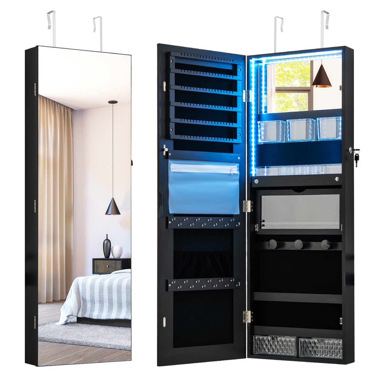 Wall Mounted Jewelry Armoire with Frameless Full-Length Mirror and Lockable Storage – Black