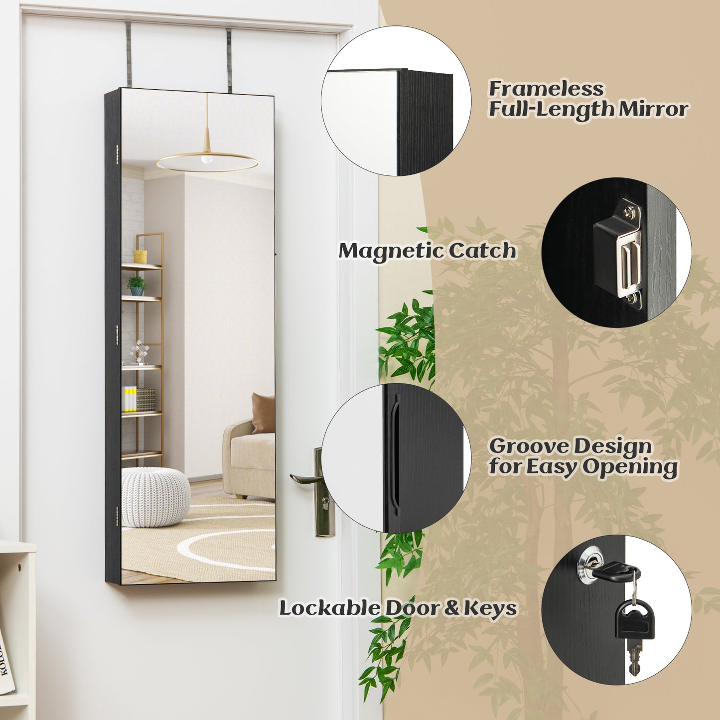 Wall Mounted Jewelry Armoire with Frameless Full-Length Mirror and Lockable Storage – Black