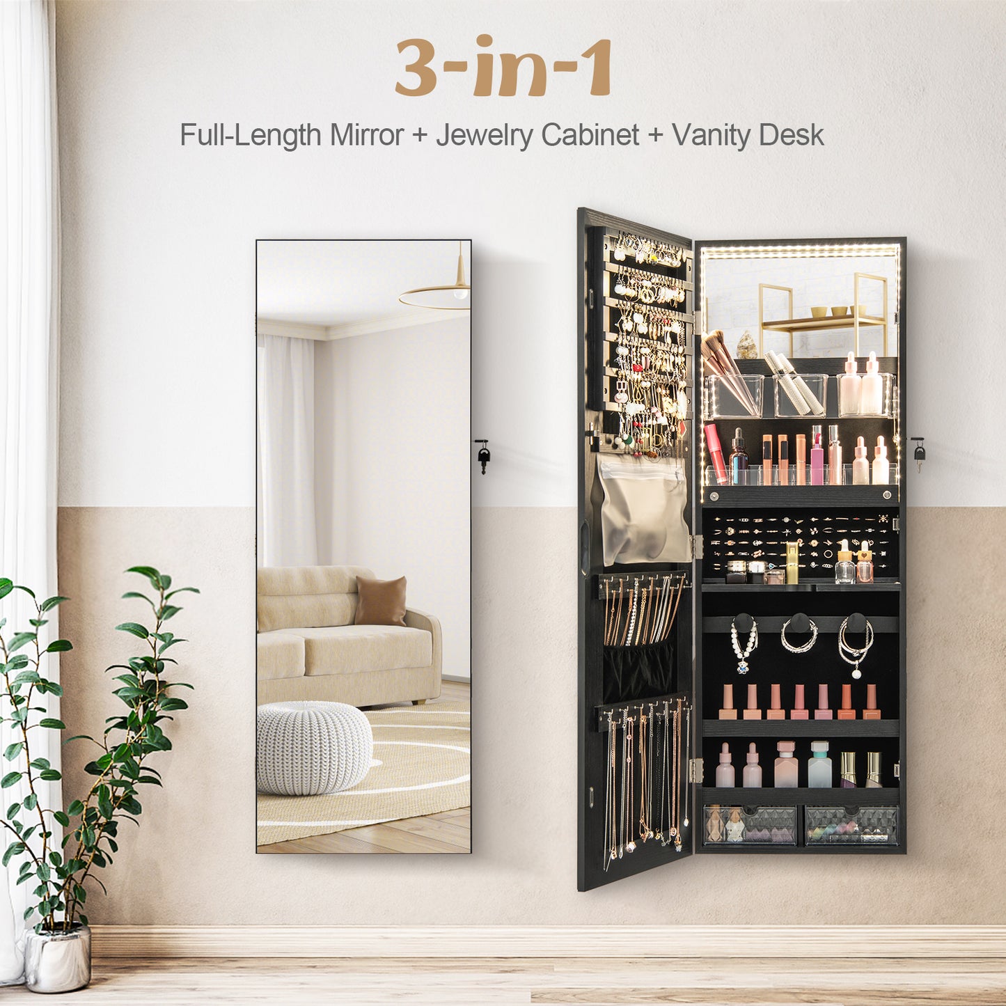 Wall Mounted Jewelry Armoire with Frameless Full-Length Mirror and Lockable Storage – Black