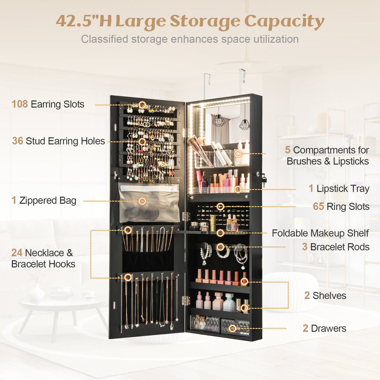 Wall Mounted Jewelry Armoire with Frameless Full-Length Mirror and Lockable Storage – Black