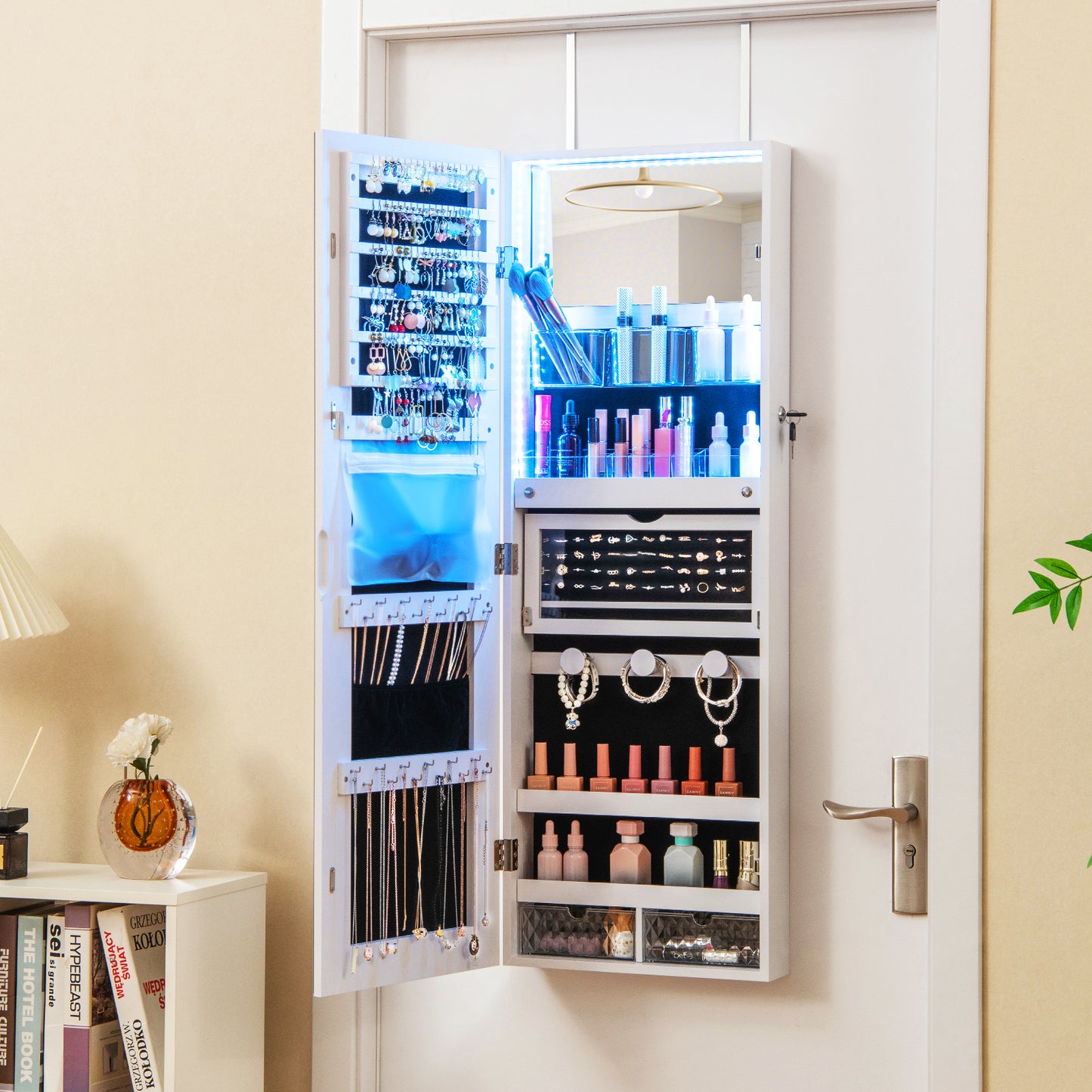 Wall Mounted Jewelry Armoire with Frameless Full-Length Mirror and Lockable Storage – White