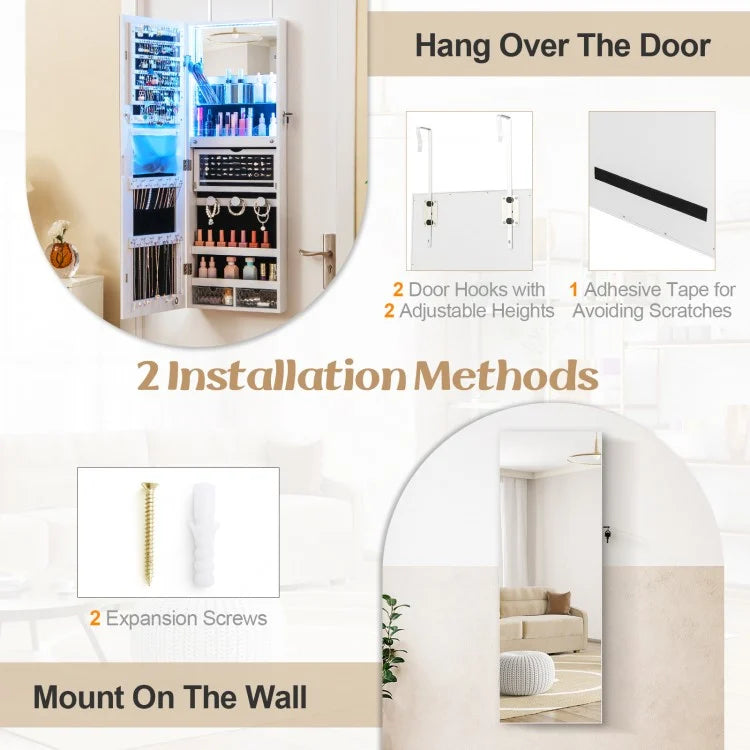 Wall Mounted Jewelry Armoire with Frameless Full-Length Mirror and Lockable Storage – White