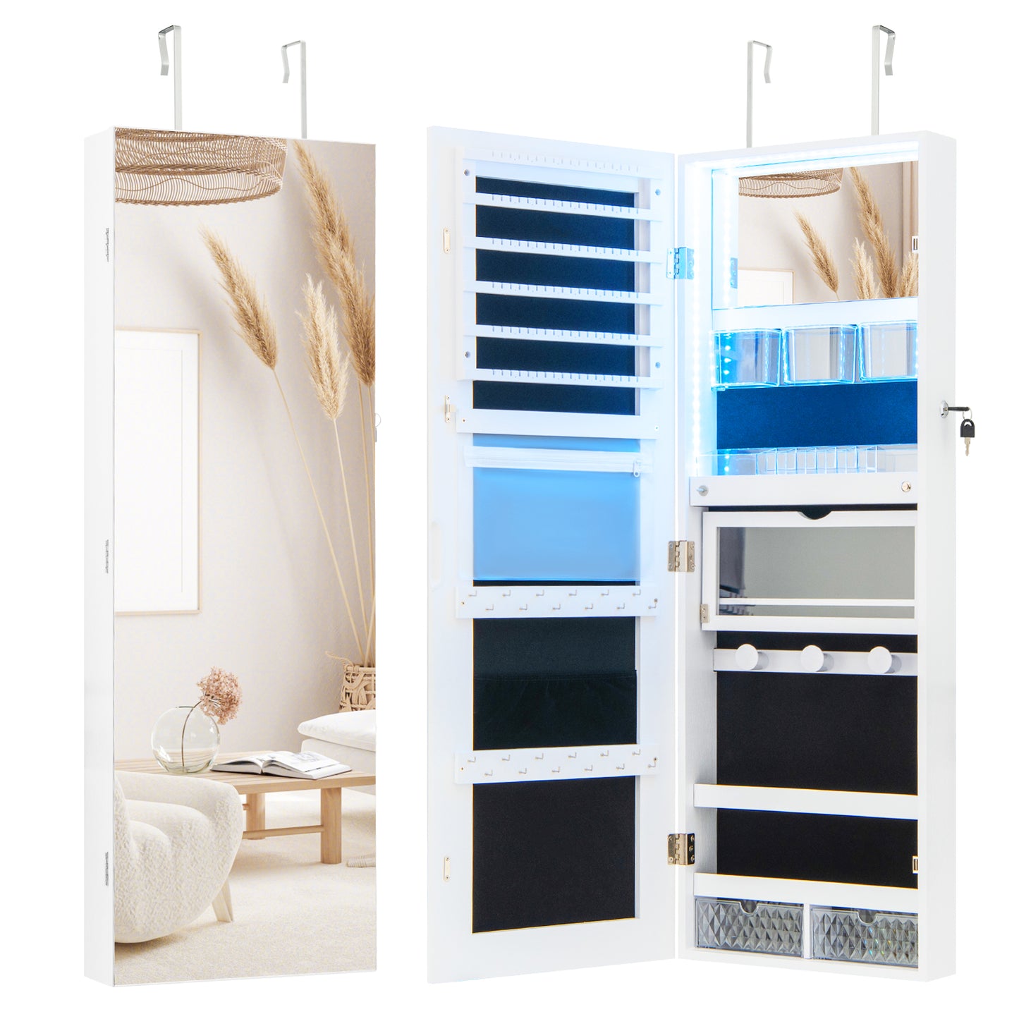 Wall Mounted Jewelry Armoire with Frameless Full-Length Mirror and Lockable Storage – White